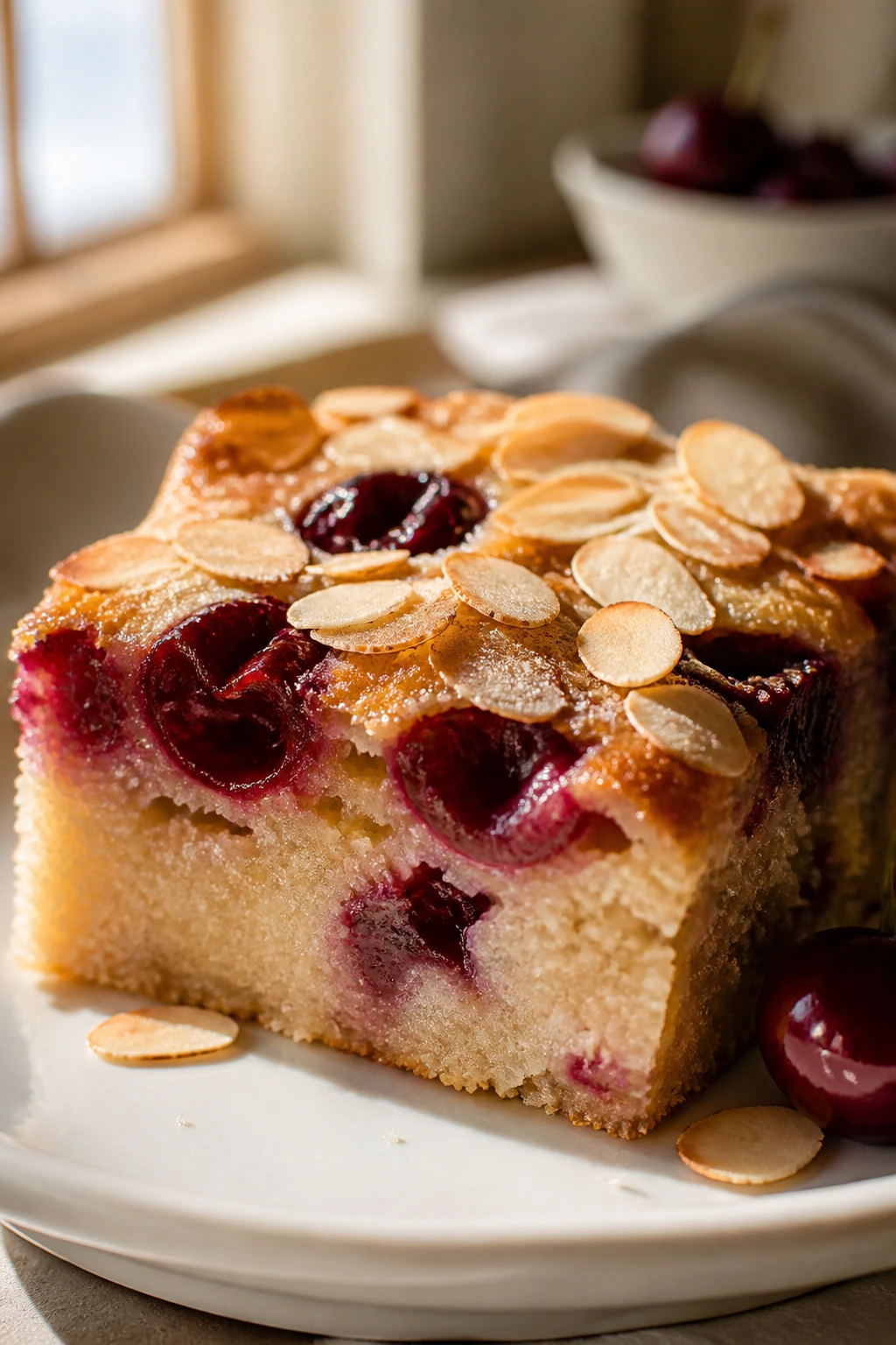 Close-up of a cherry almond mochi cake slice with cherries and sliced almonds on top