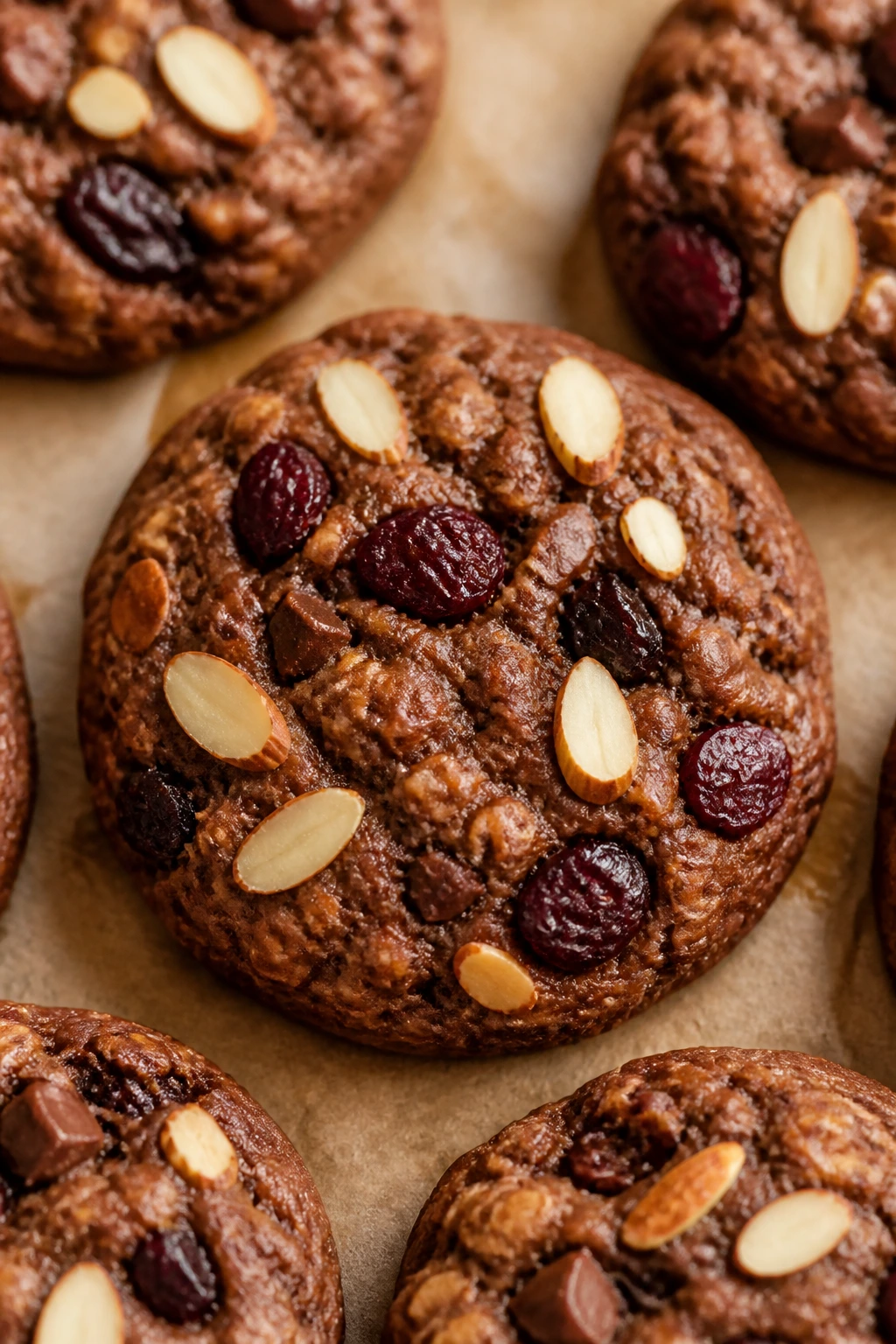 Close-up of Cherry Almond Chocolate Oatmeal Cookies with cherries and almonds