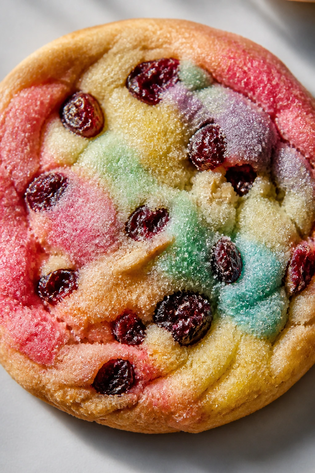 Close-up of cherry almond rainbow cookie with dried cherries visible in the crumb