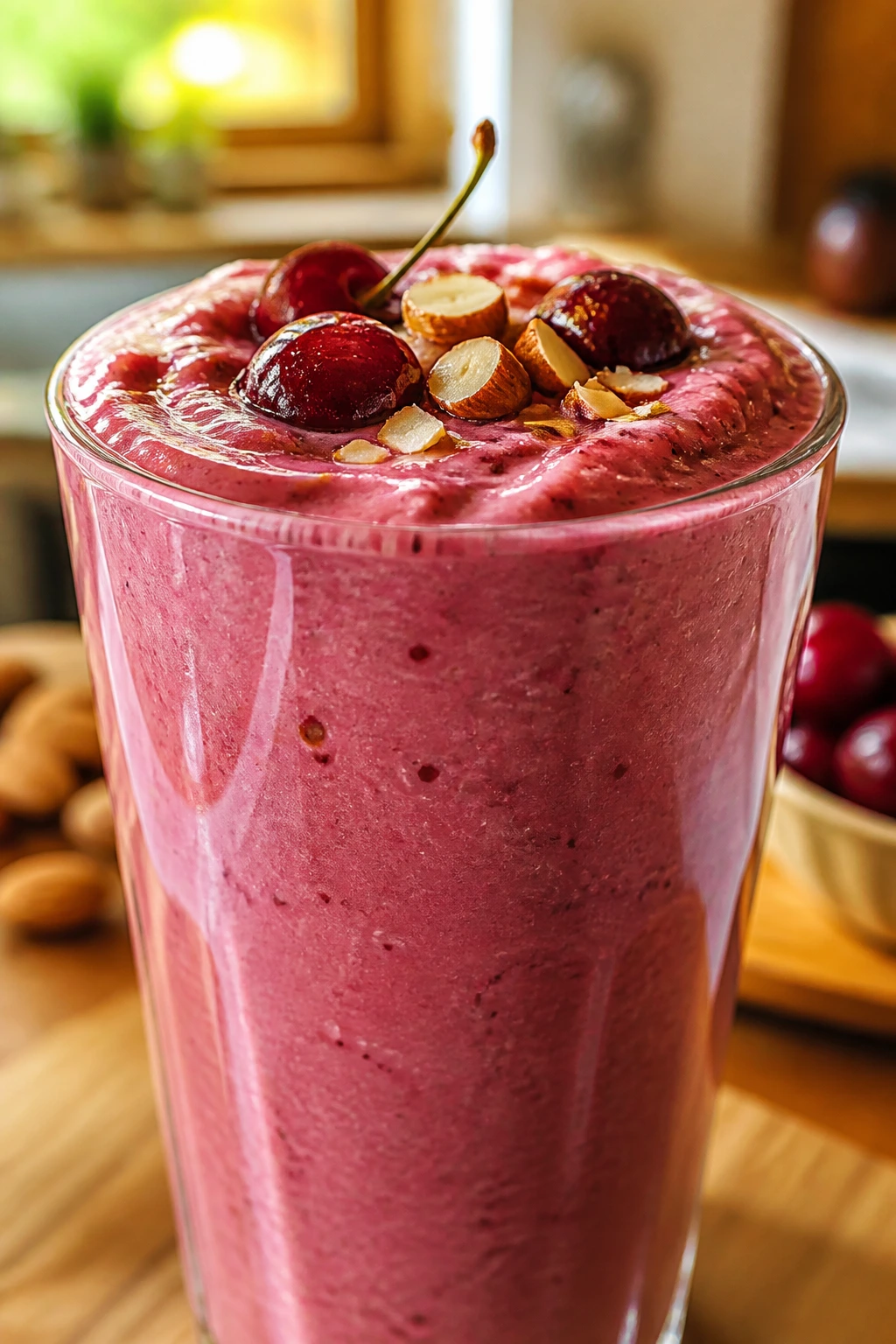 Tall glass of cherry almond recovery smoothie in a warm kitchen