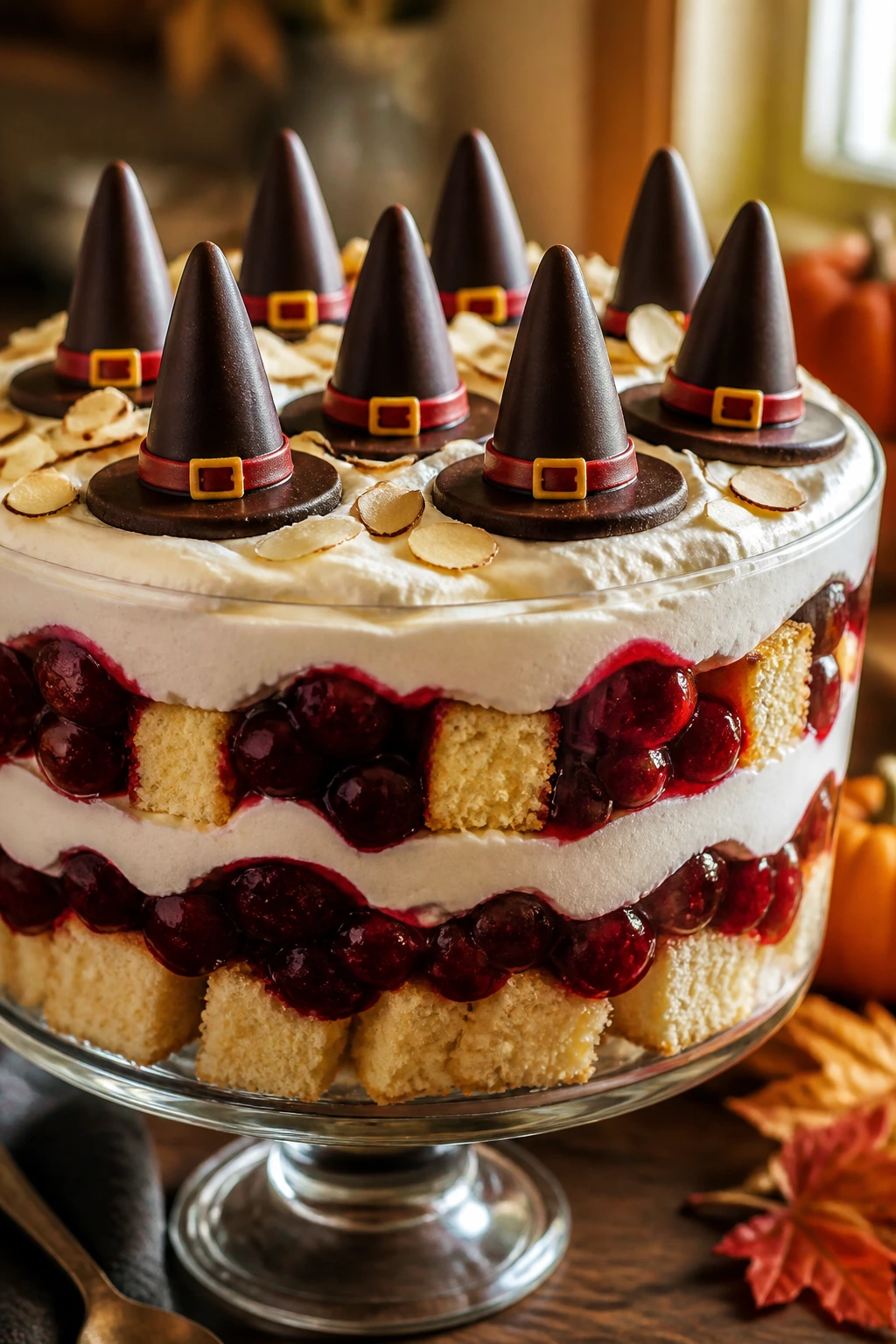 Close-up Cherry Almond Witch Hat Trifle with witch hat cookies on top in a glass bowl
