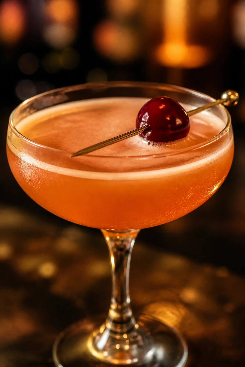 Close-up of Cherry Amaretto Sour in a coupe glass with cherry garnish
