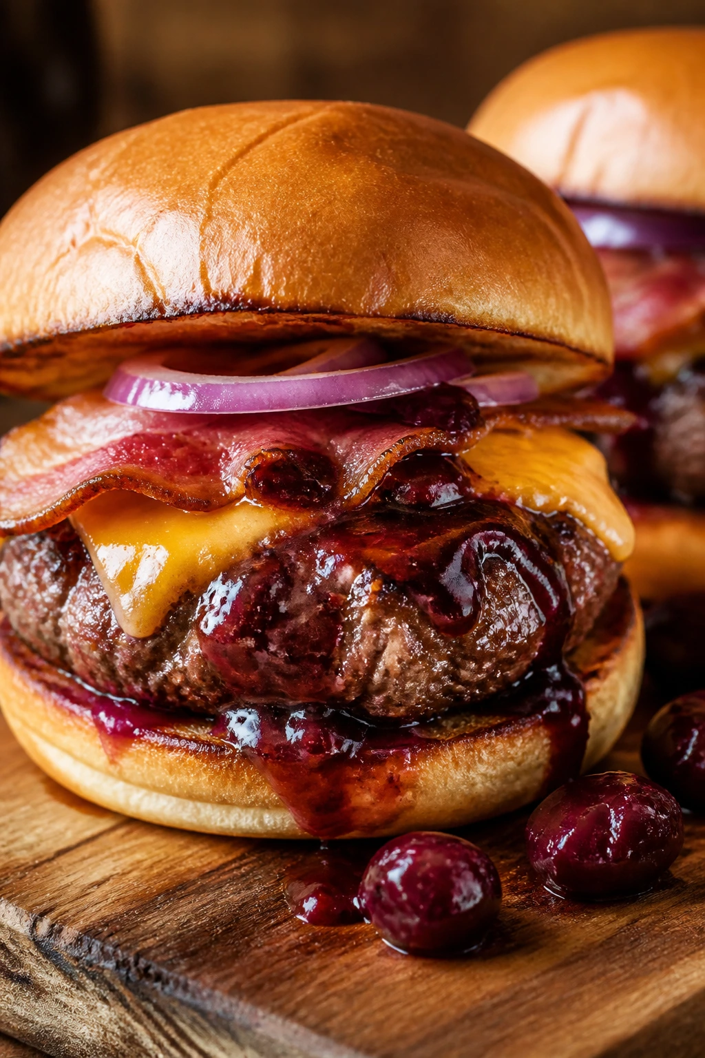 Close-up of cherry BBQ burger with cheddar and bacon on a wooden board