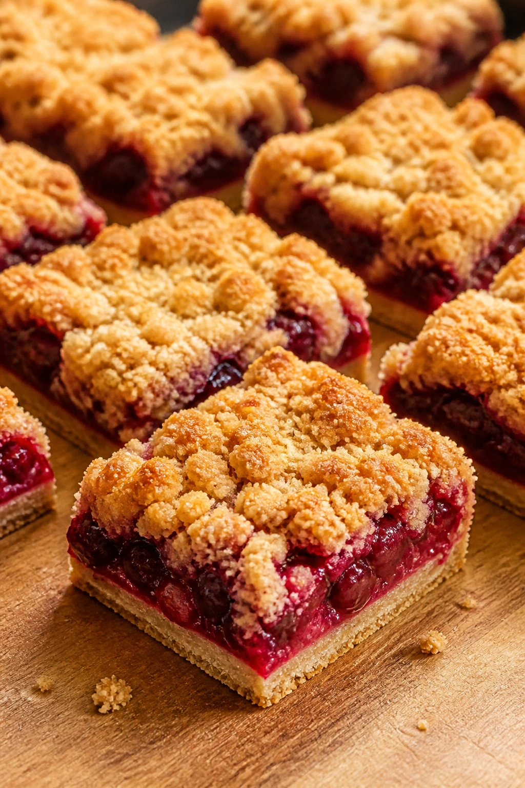 Close-up of Cherry Pie Crumble Bars showing crumbly crust and cherry filling