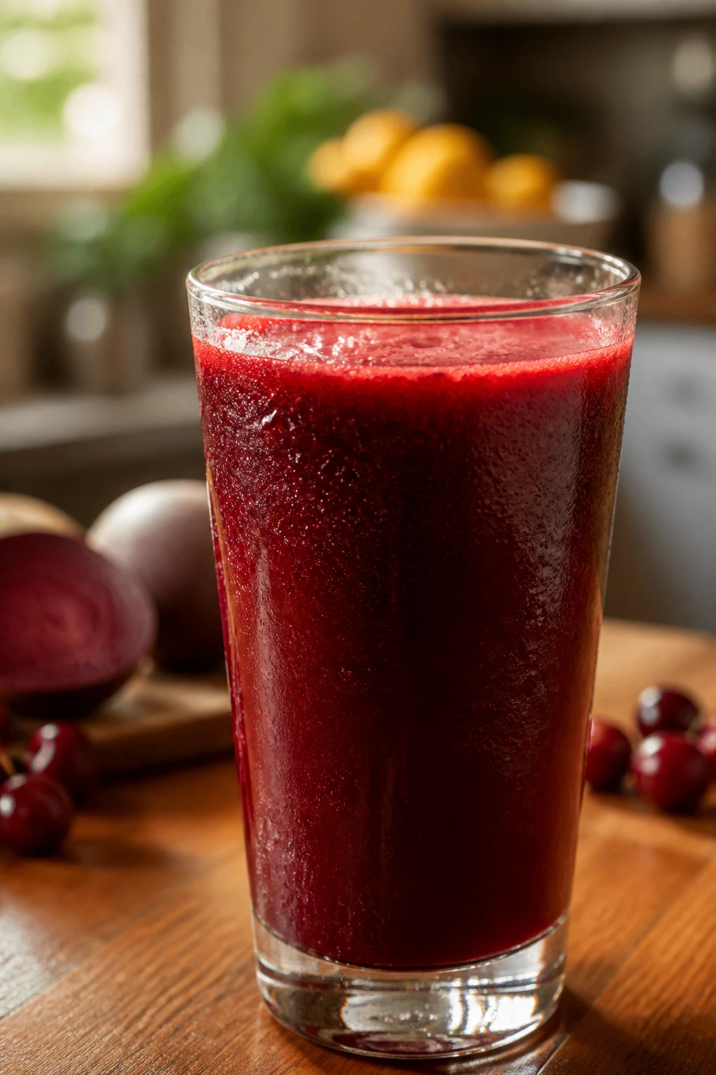 Close-up of ruby red cherry beet juice in a glass on a wooden kitchen counter