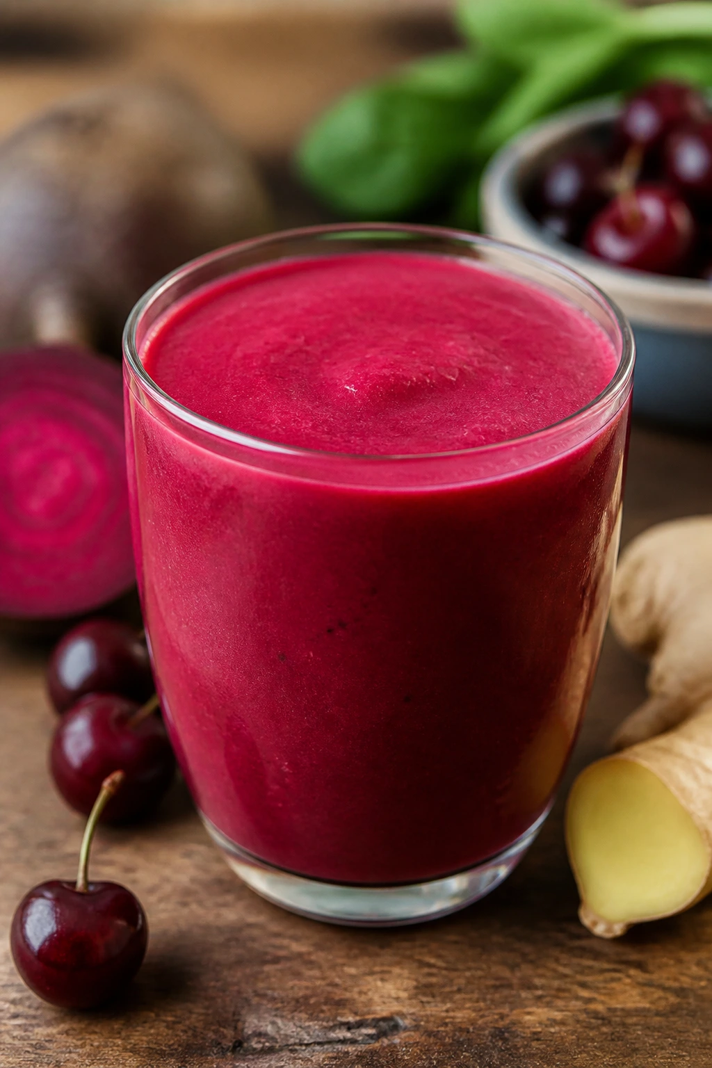 Close-up of Cherry Beet Ginger Smoothie in a glass on a wooden kitchen surface