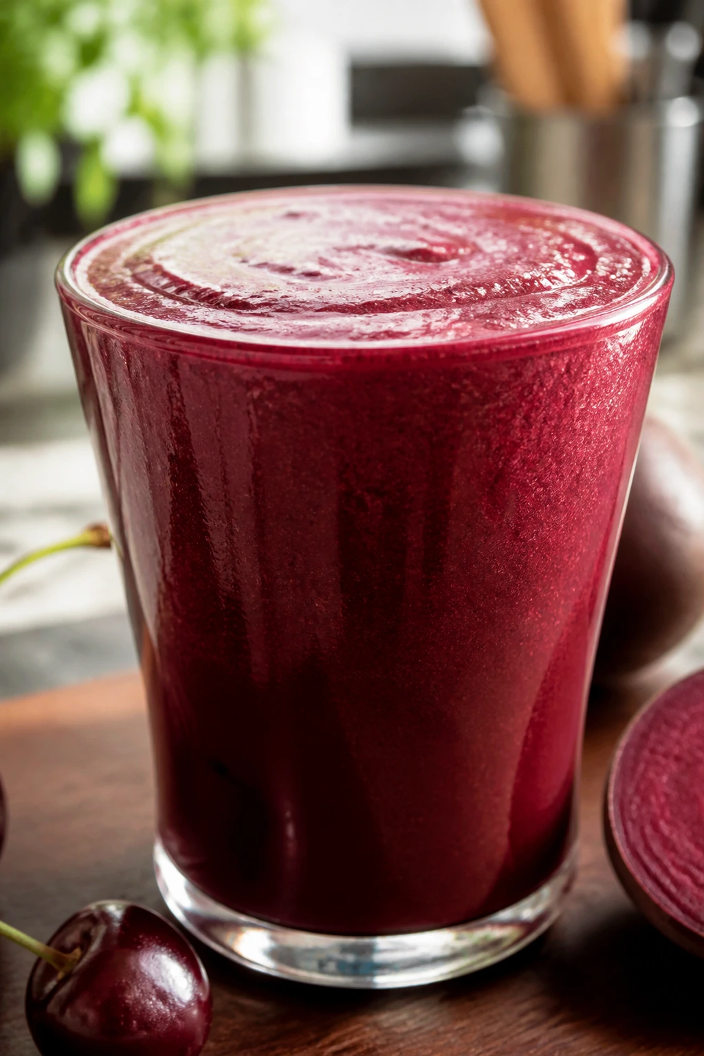 Deep purple-red Cherry Beet Recovery Smoothie in a glass on a kitchen counter