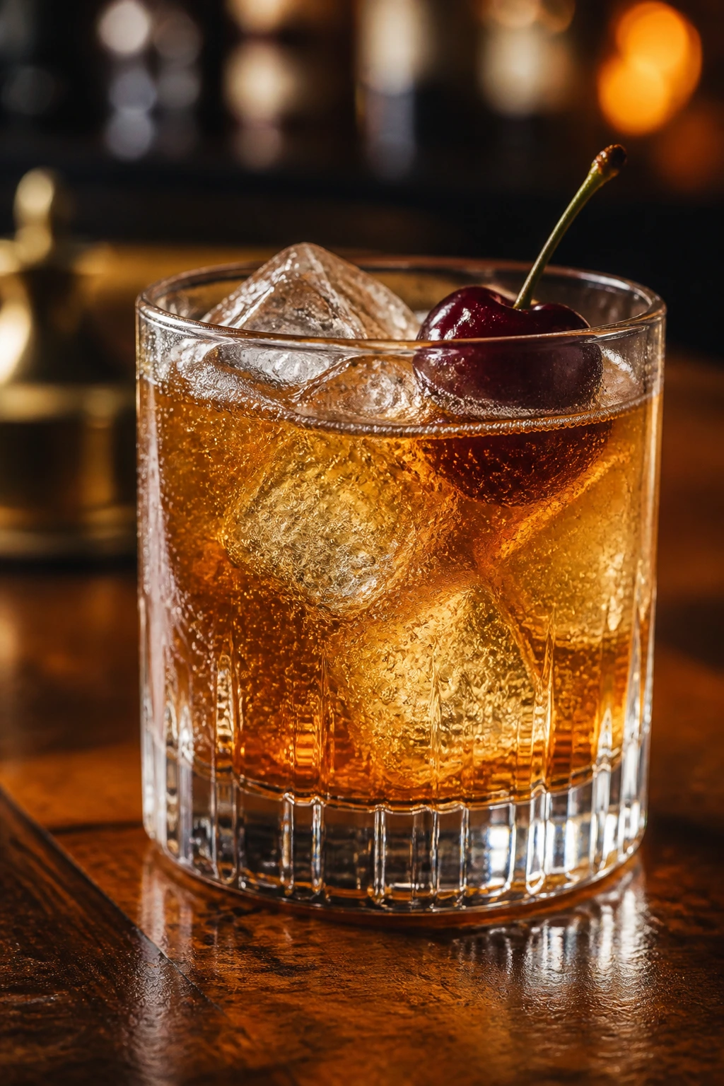 Close-up of Cherry Vanilla Bourbon Soda in a rocks glass with ice and cherry garnish.