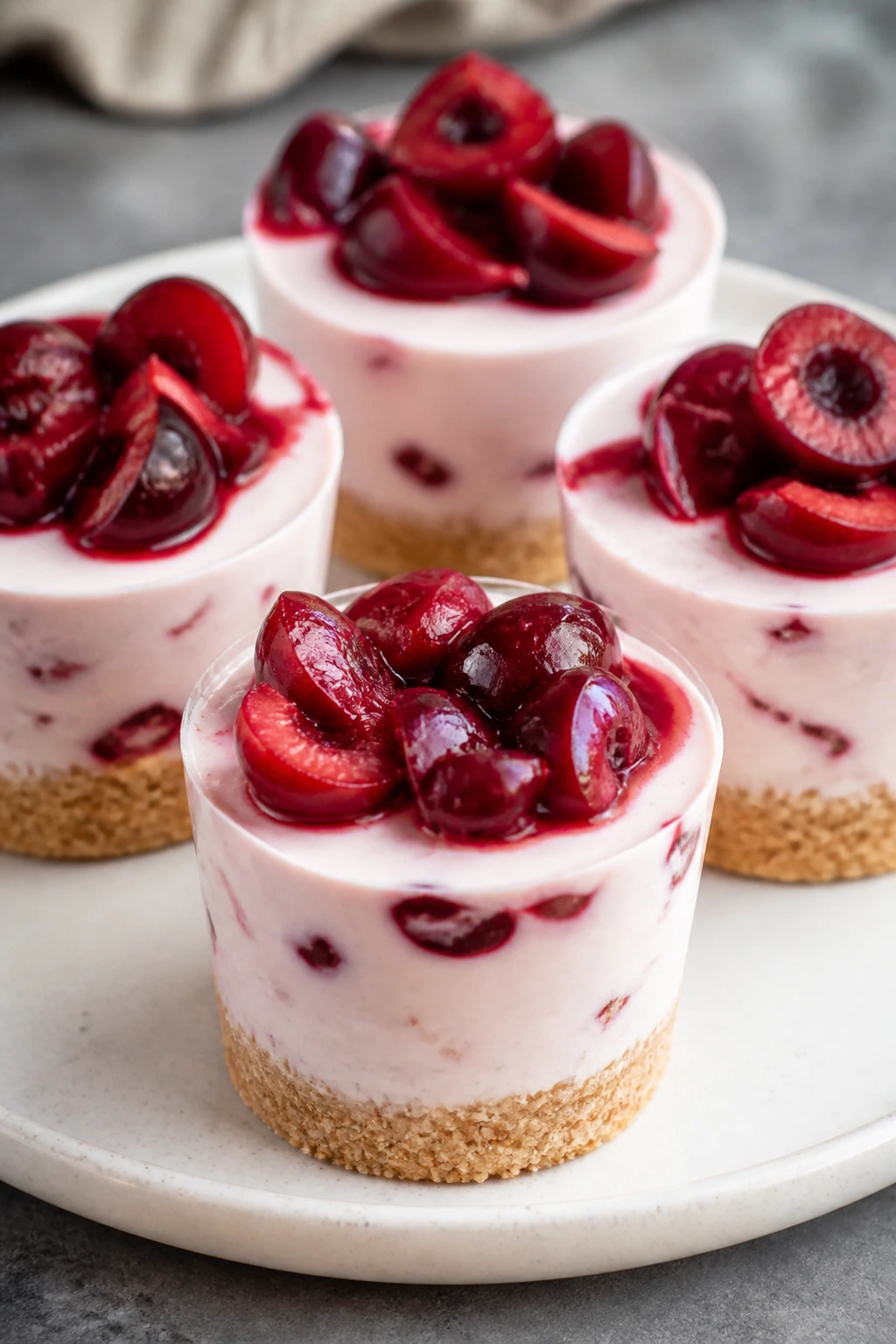 Four cherry-topped cheesecake protein cups on a plate