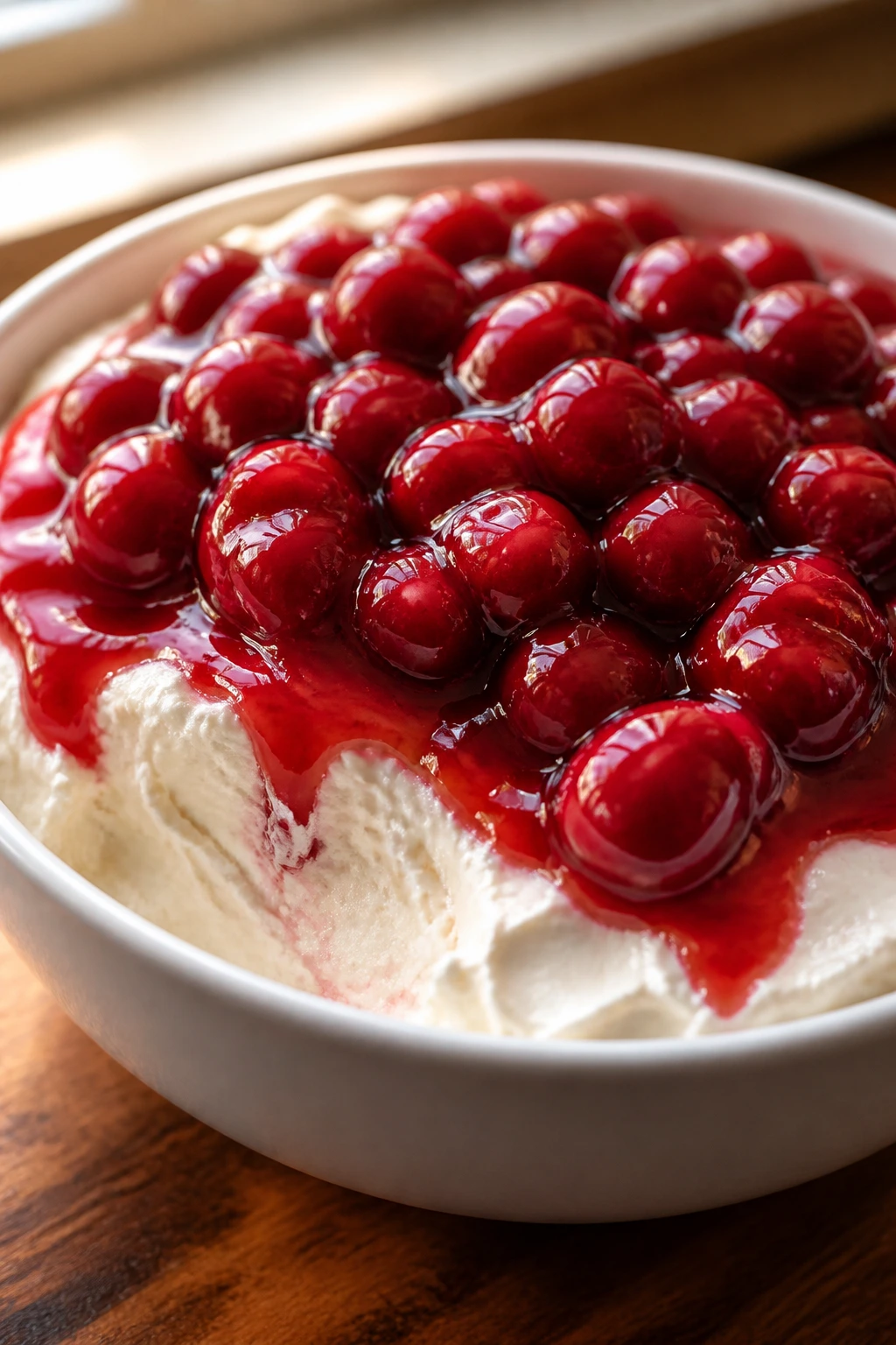 Close-up of cherry cheesecake dip in a white bowl on a wooden counter