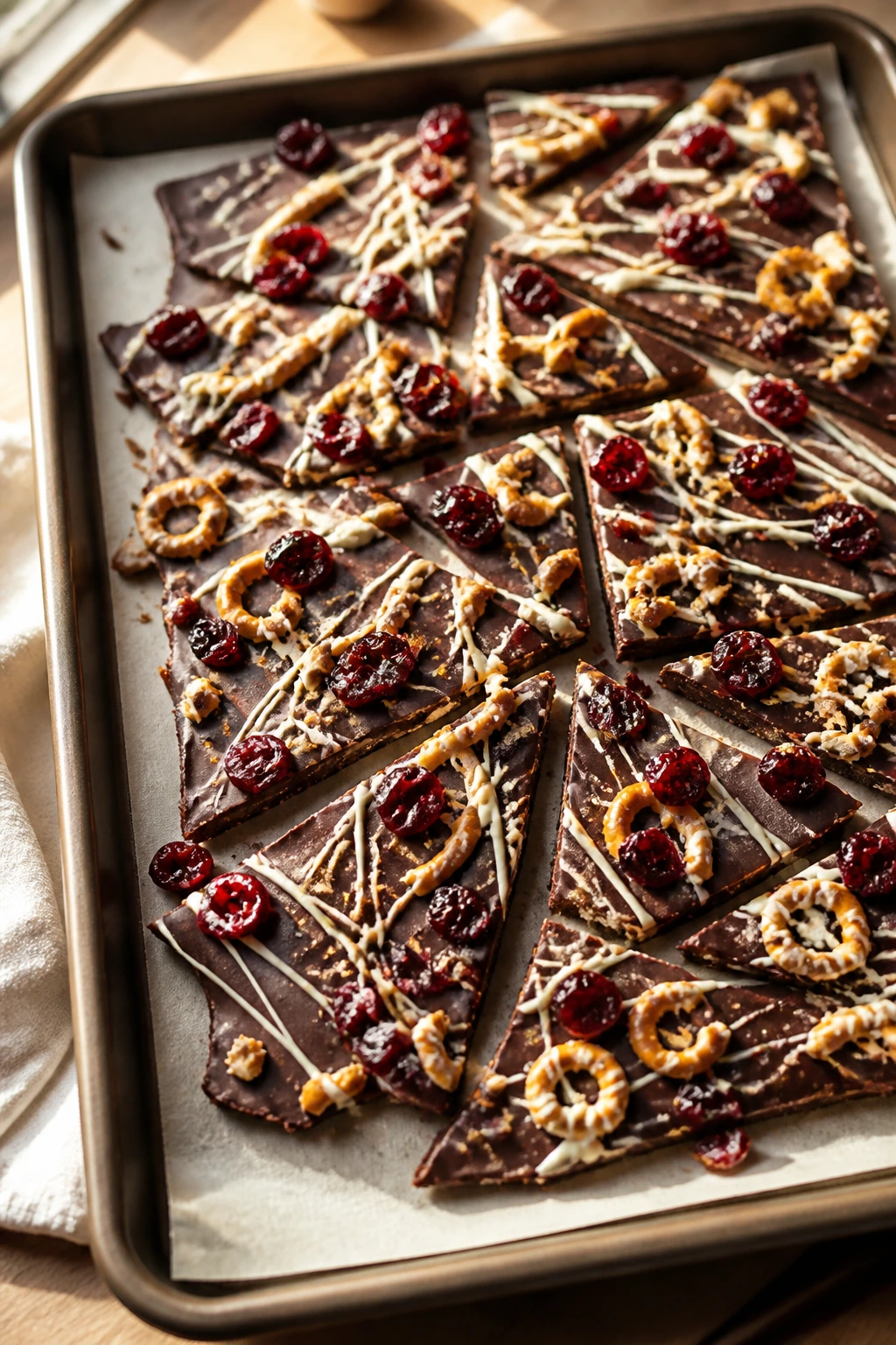 Close-up of cherry chocolate bark shards with dried cherries on parchment in a sunlit kitchen