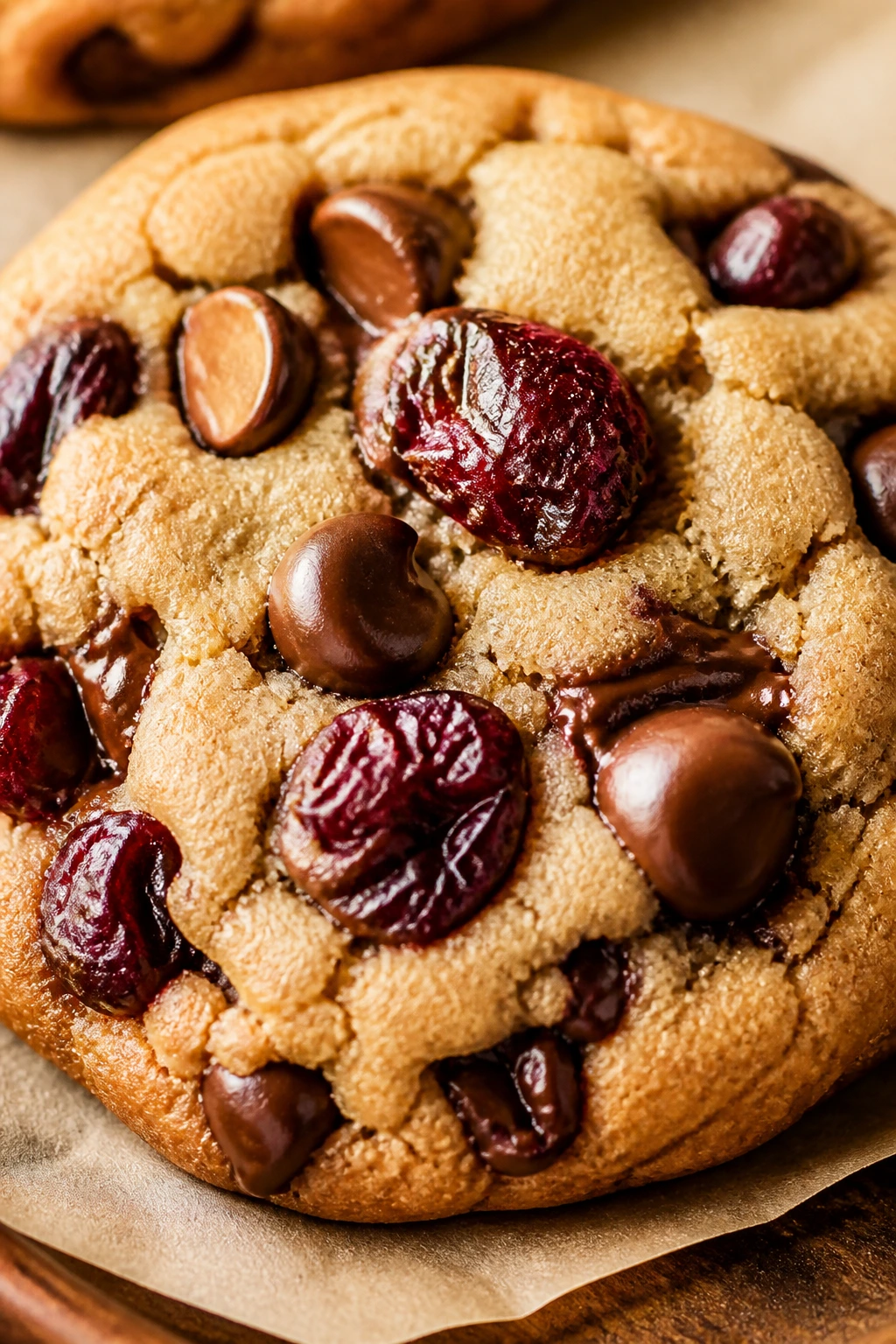 Close-up of a cherry chocolate chip cookie with visible dried cherries and melted chips on parchment