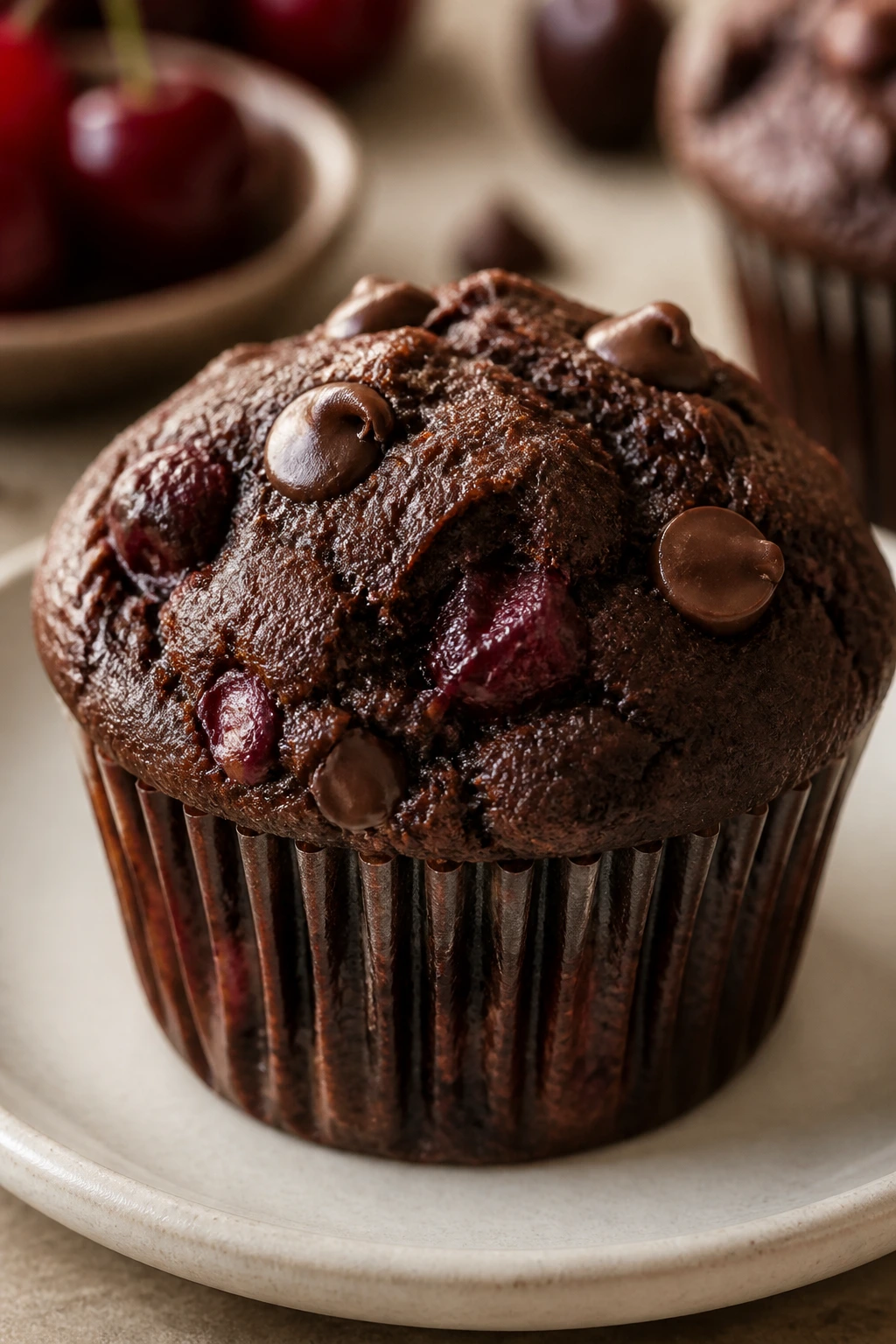 Close-up of a cherry chocolate muffin showing cherries and chips
