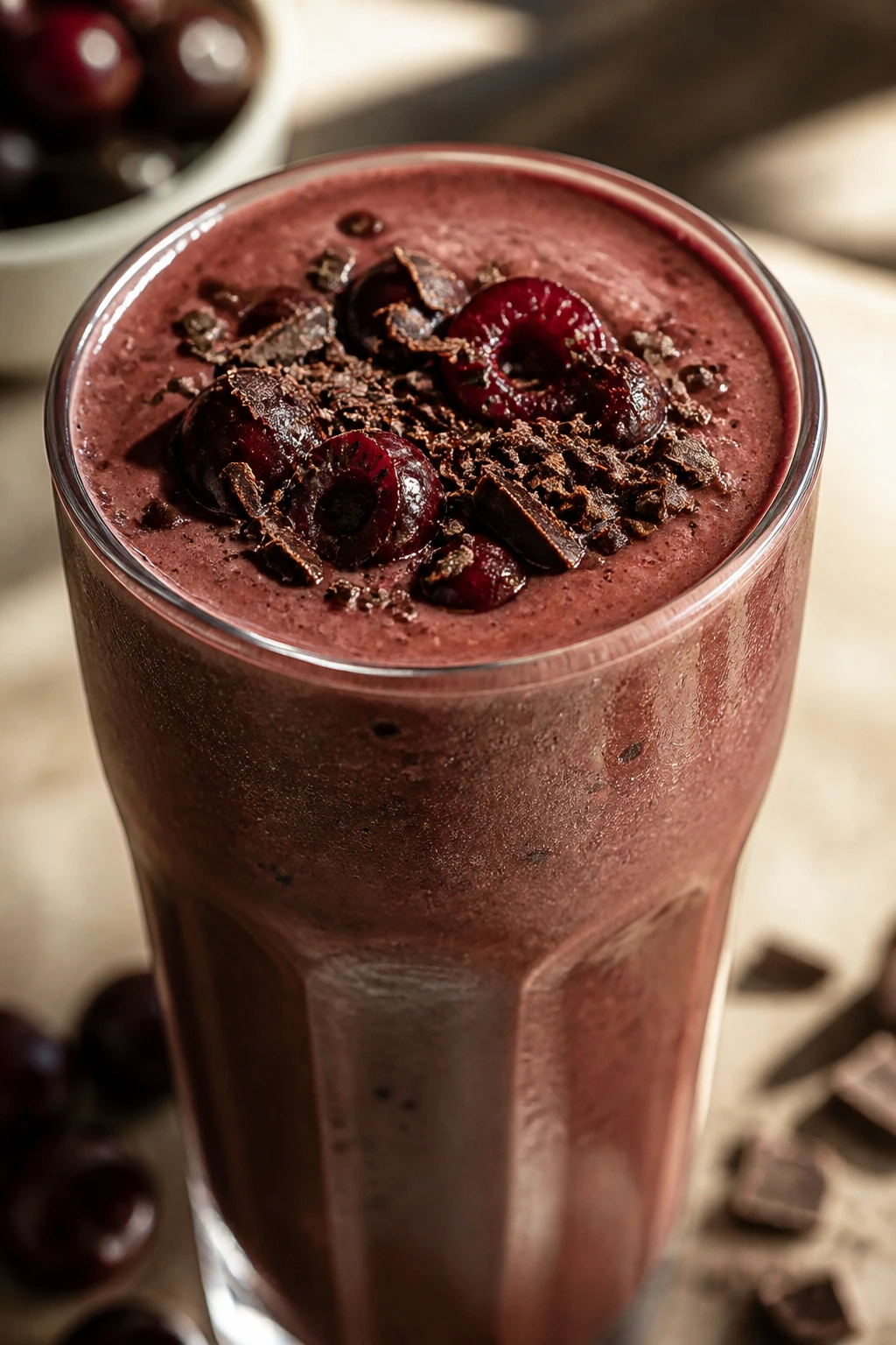 Close-up Chocolate Cherry Recovery Smoothie in glass on neutral counter