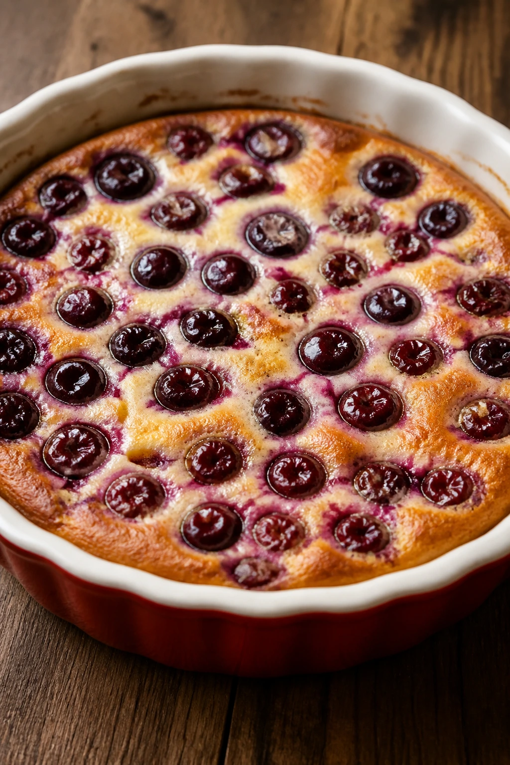 Cherry clafoutis in a baking dish with glossy cherries