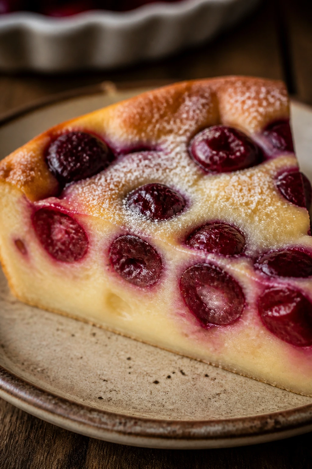 Cherry clafoutis wedge on plate