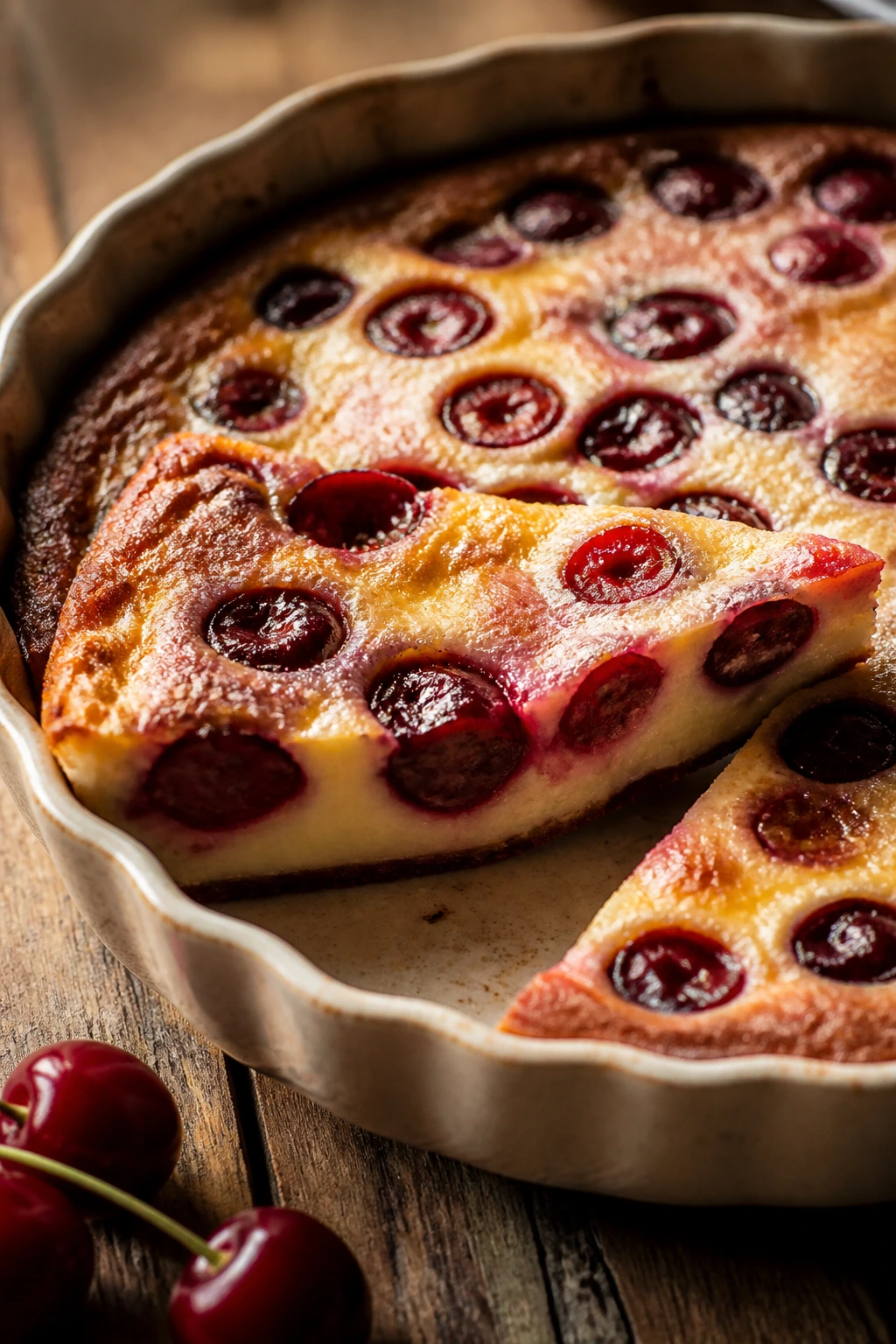 Slice of cherry clafoutis with custard and cherries