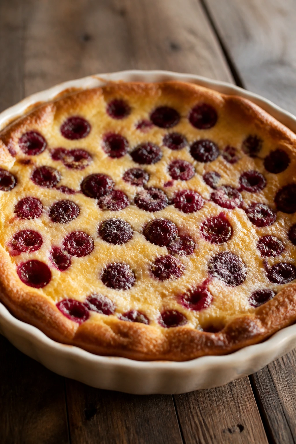 Cherry clafoutis in a round pie dish with cherries