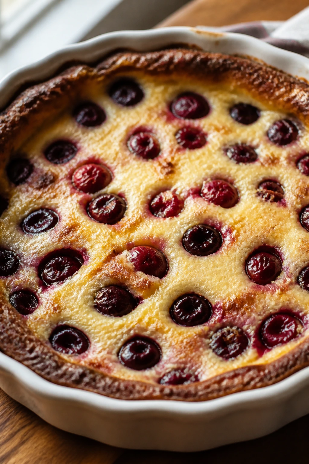 Close-up of cherry clafoutis in a ceramic dish on a wooden counter