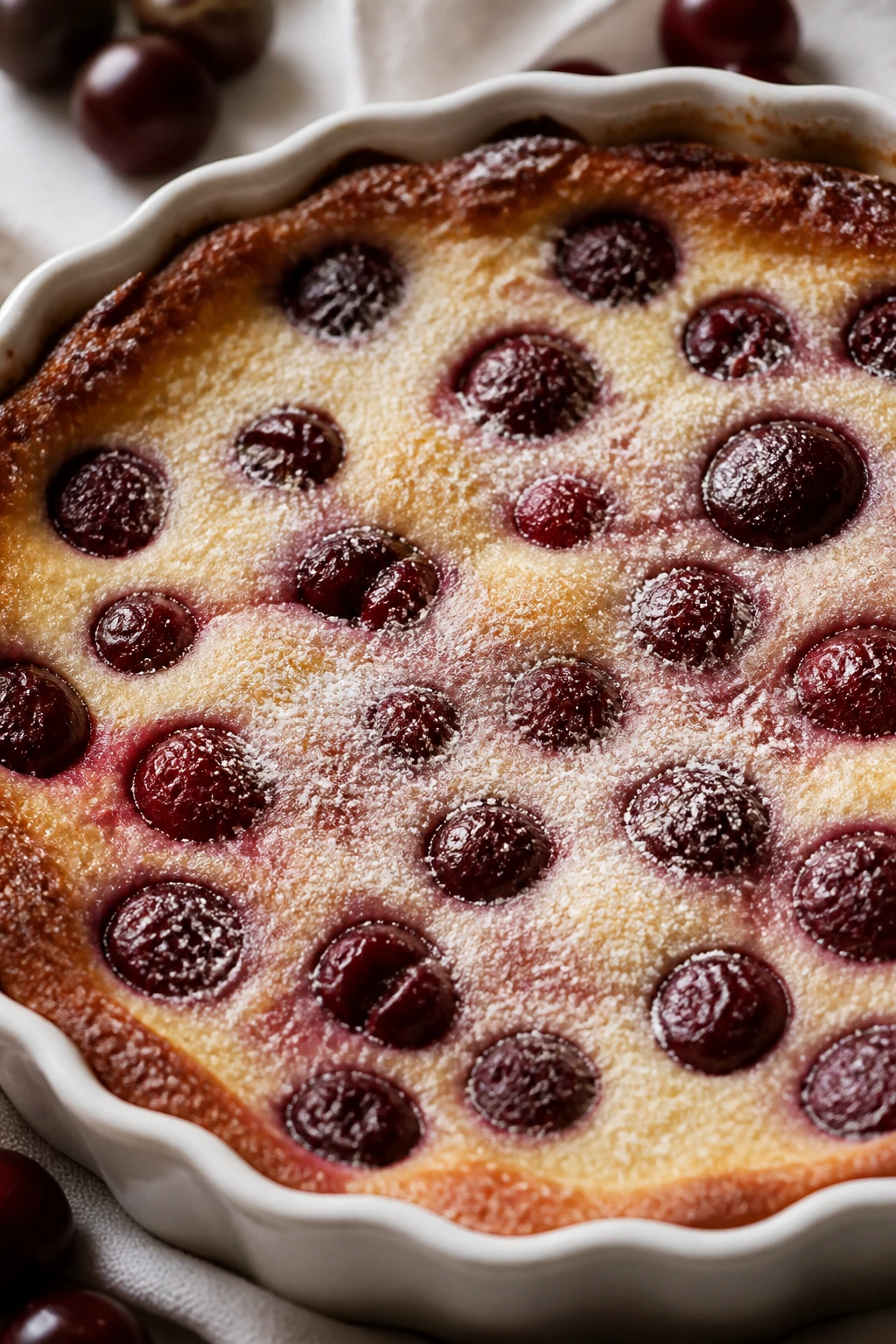 Cherry clafoutis with vanilla sugar in baking dish