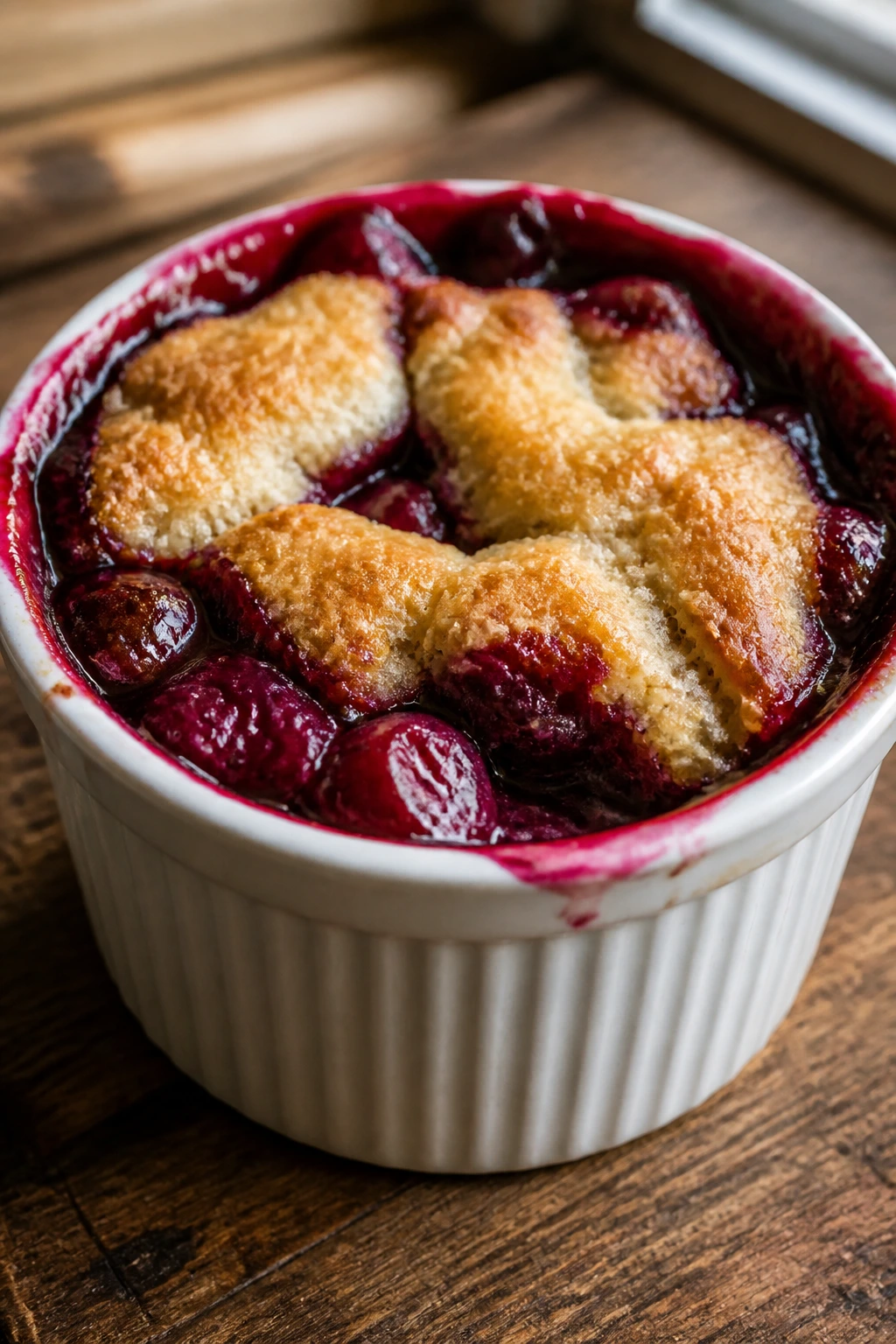 Close-up of cherry cobbler in a ramekin with golden topping.