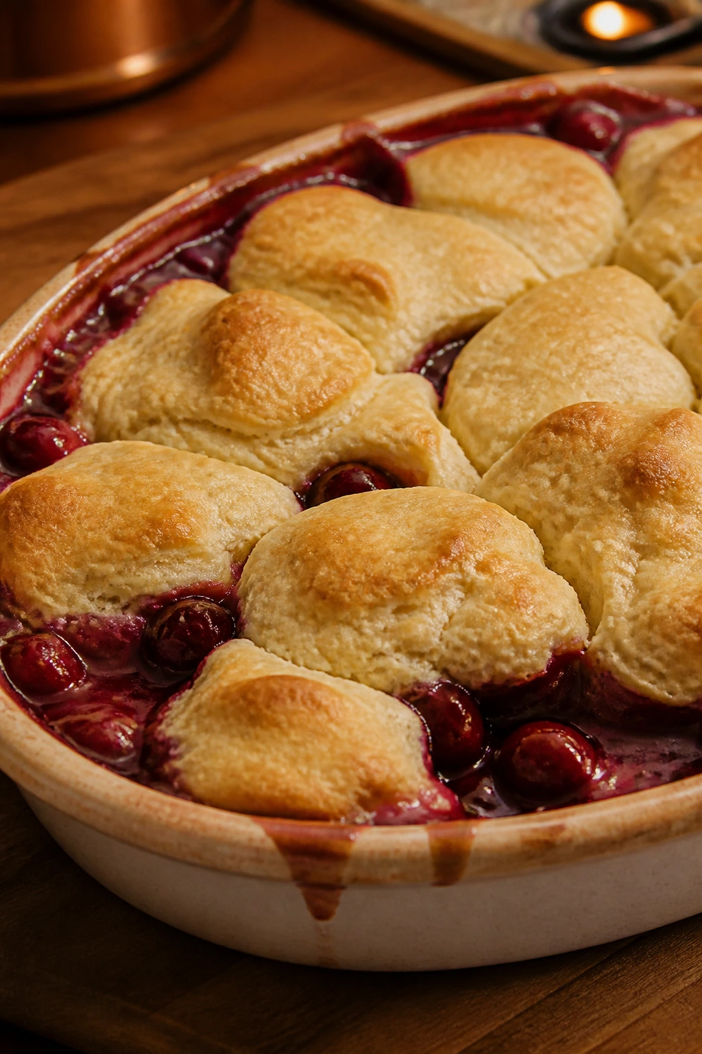 Cherry cobbler bubbling beneath a biscuit lid in a baking dish
