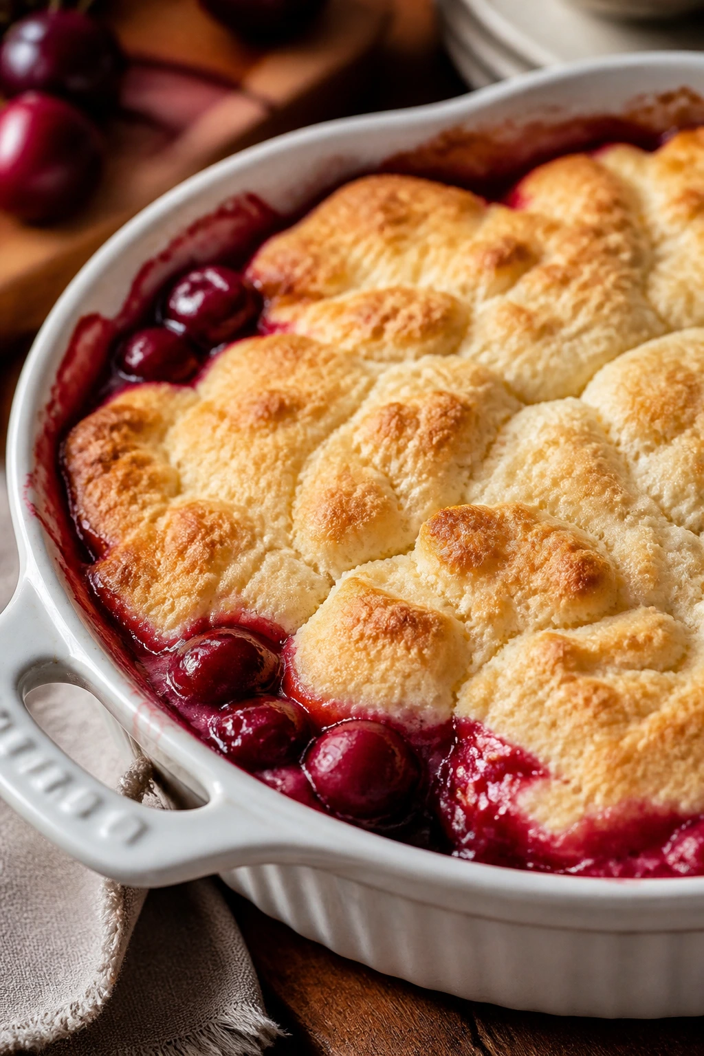 Cherry cobbler with biscuit top in baking dish