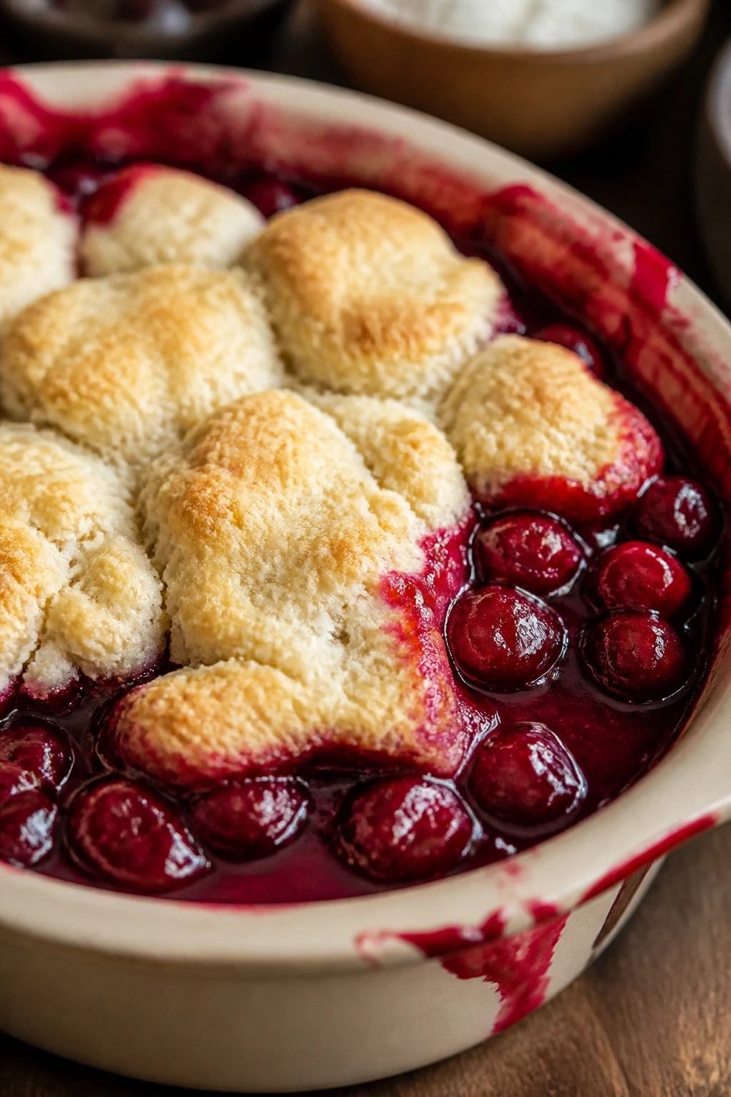Close-up of cherry cobbler bubbling in rustic baking dish