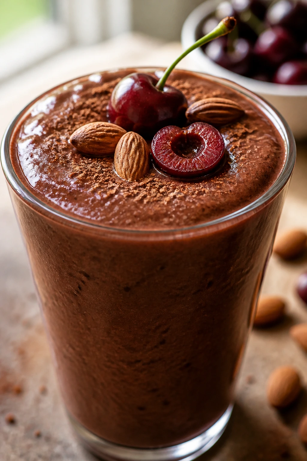 Dark cherry cocoa almond smoothie in glass