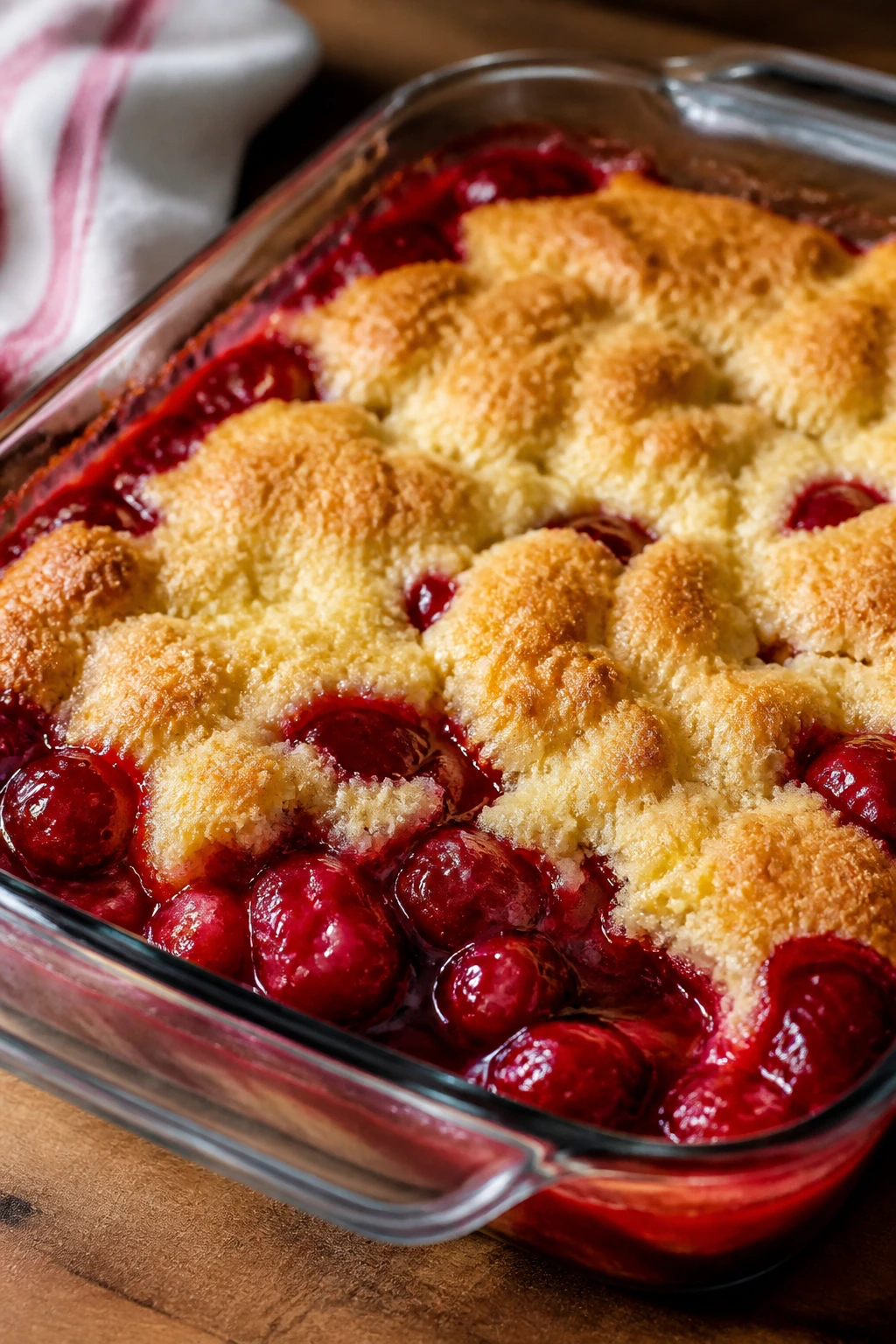 Close-up of cherry dump cake bubbling in a baking dish