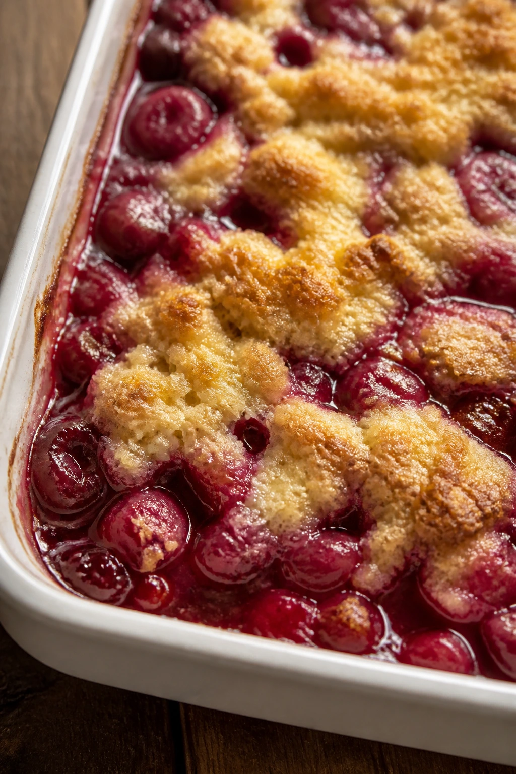 Close-up of bubbling cherry dump cake in a 9x13 pan on a wooden counter