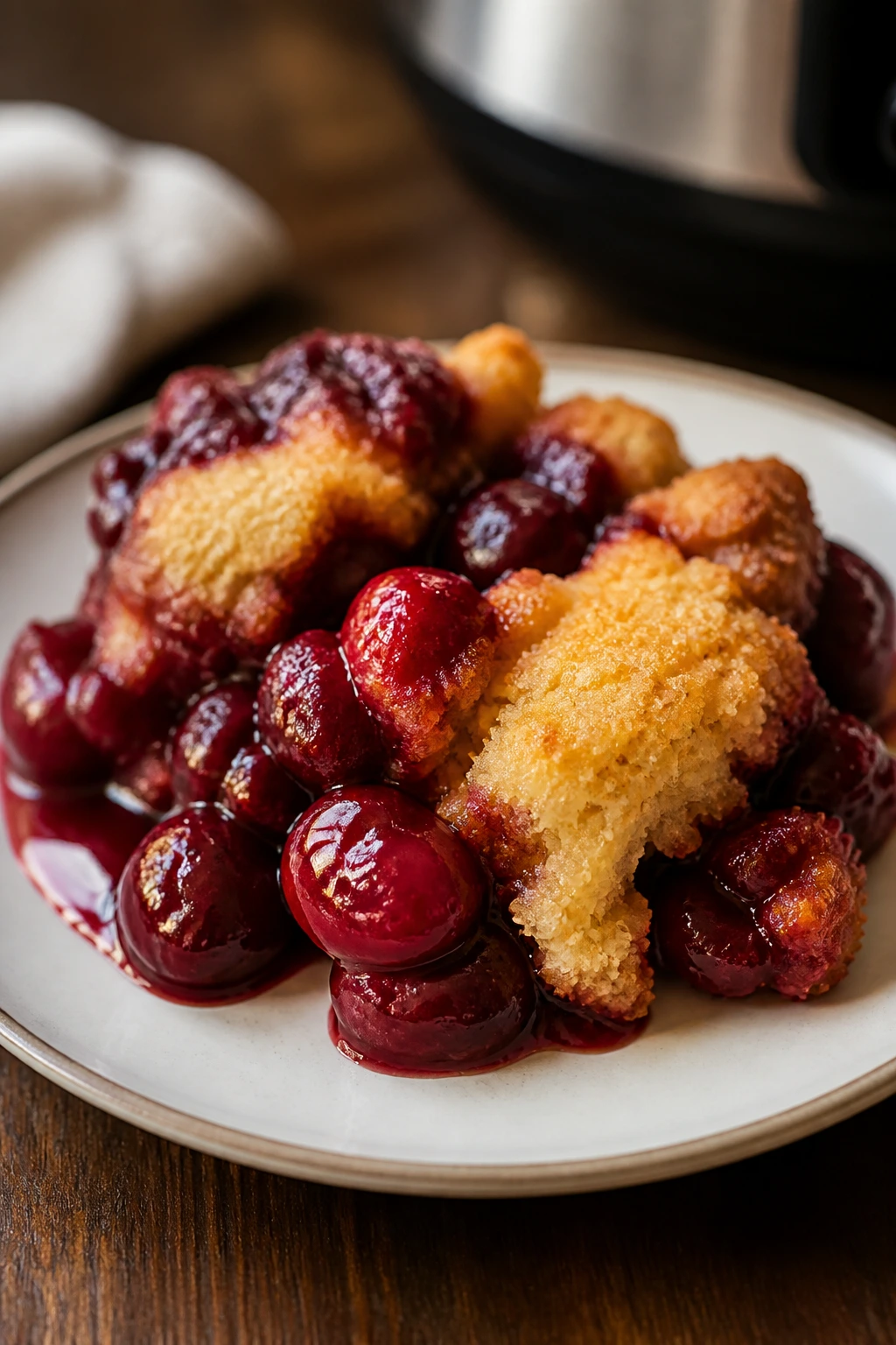 Close-up of Slow Cooker Cherry Dump Cake on plate with cherry topping