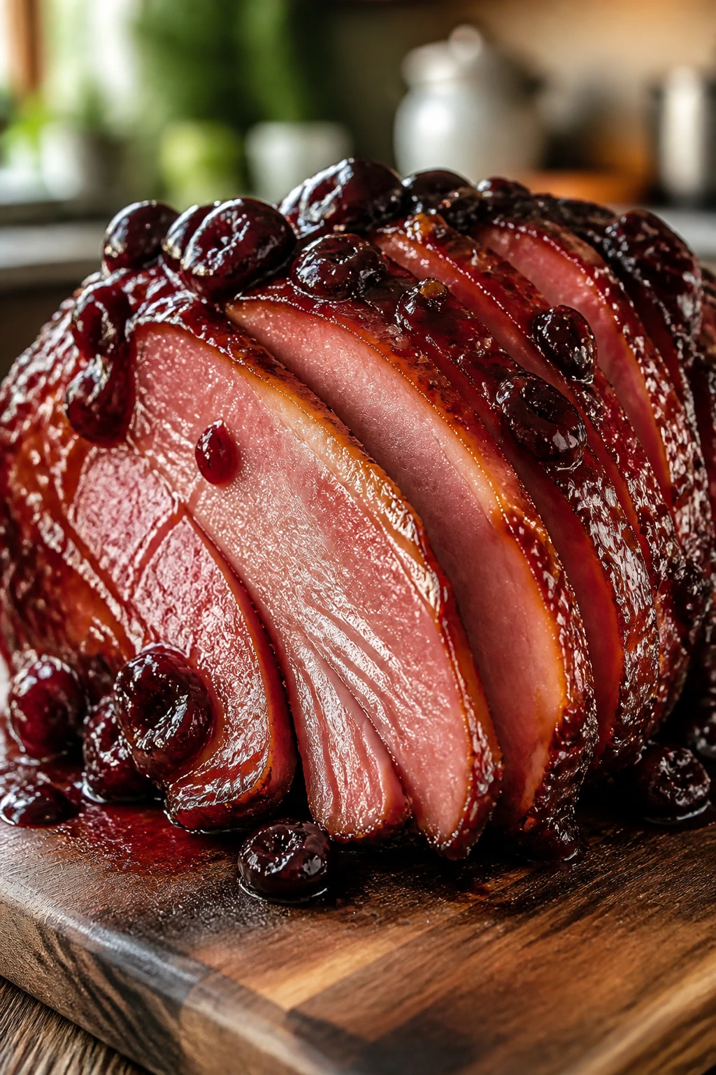 Close-up of a glossy cherry cola bourbon glazed ham slice on a wooden cutting board
