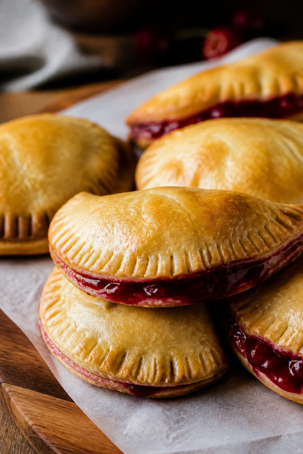 Close-up of cherry hand pies on parchment in a warm kitchen setting.