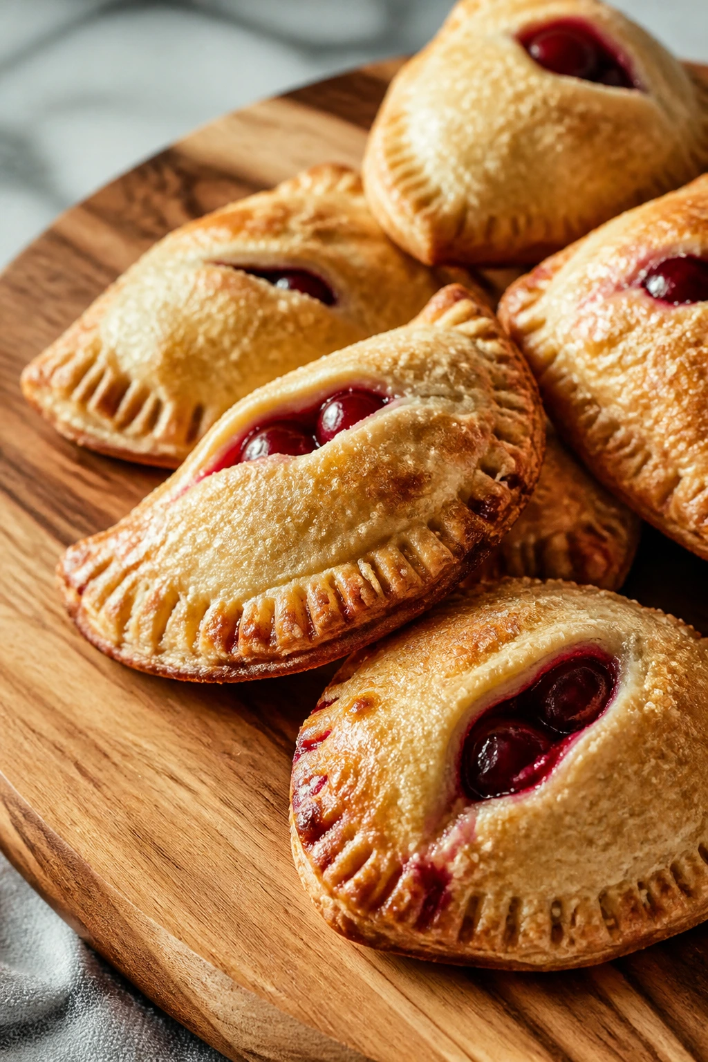 Close-up of cherry hand pies with visible filling