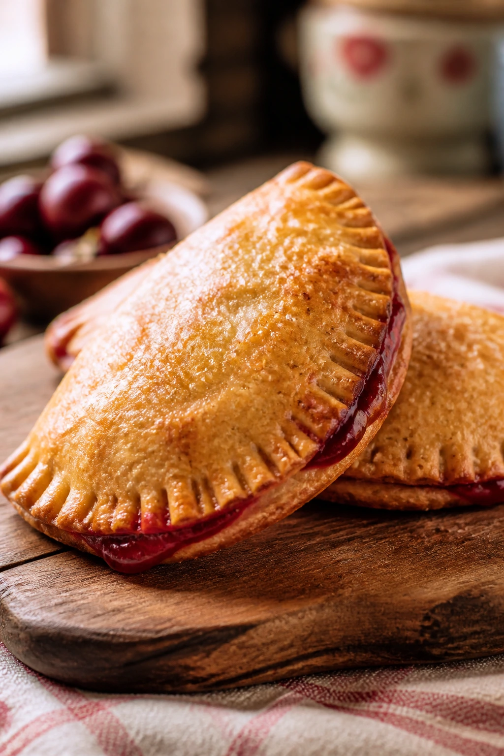 Two cherry hand pies on a wooden board with sugar dust in a cozy kitchen
