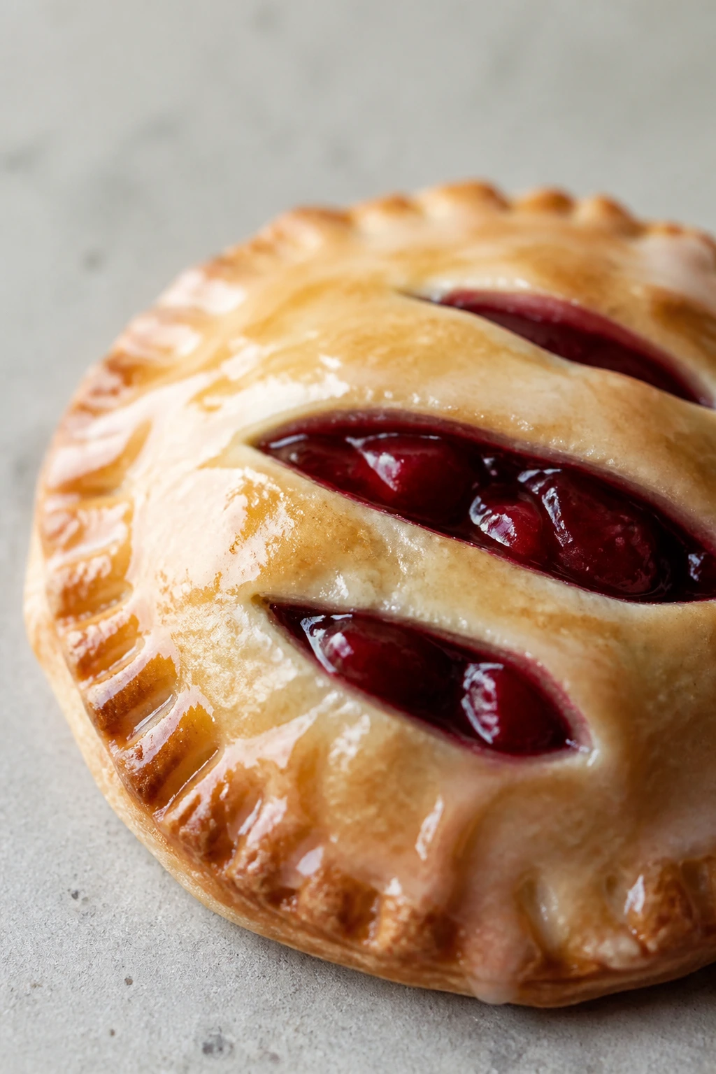 Close-up of cherry hand pie with slitted top and glaze