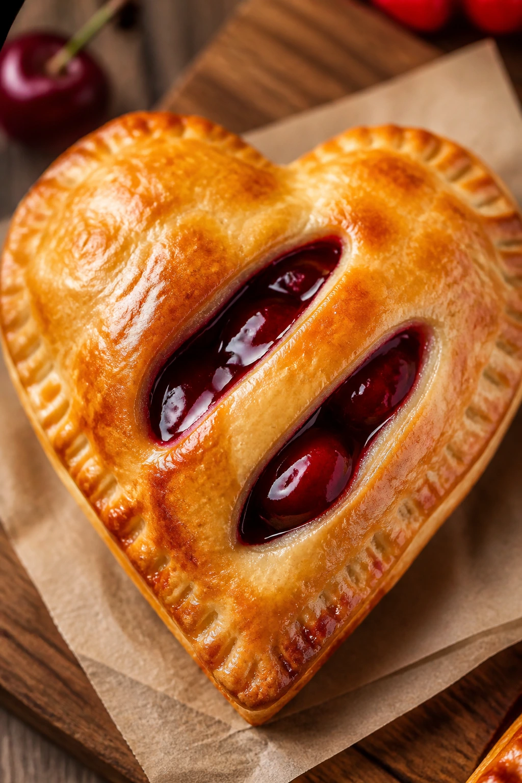 Close-up of a golden heart-shaped cherry hand pie with glossy filling