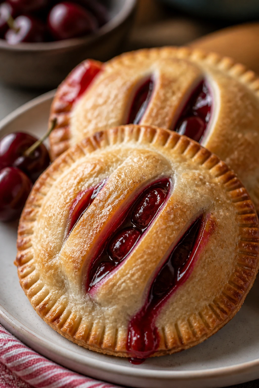 Cherry hand pies on a plate with glossy filling in a kitchen.