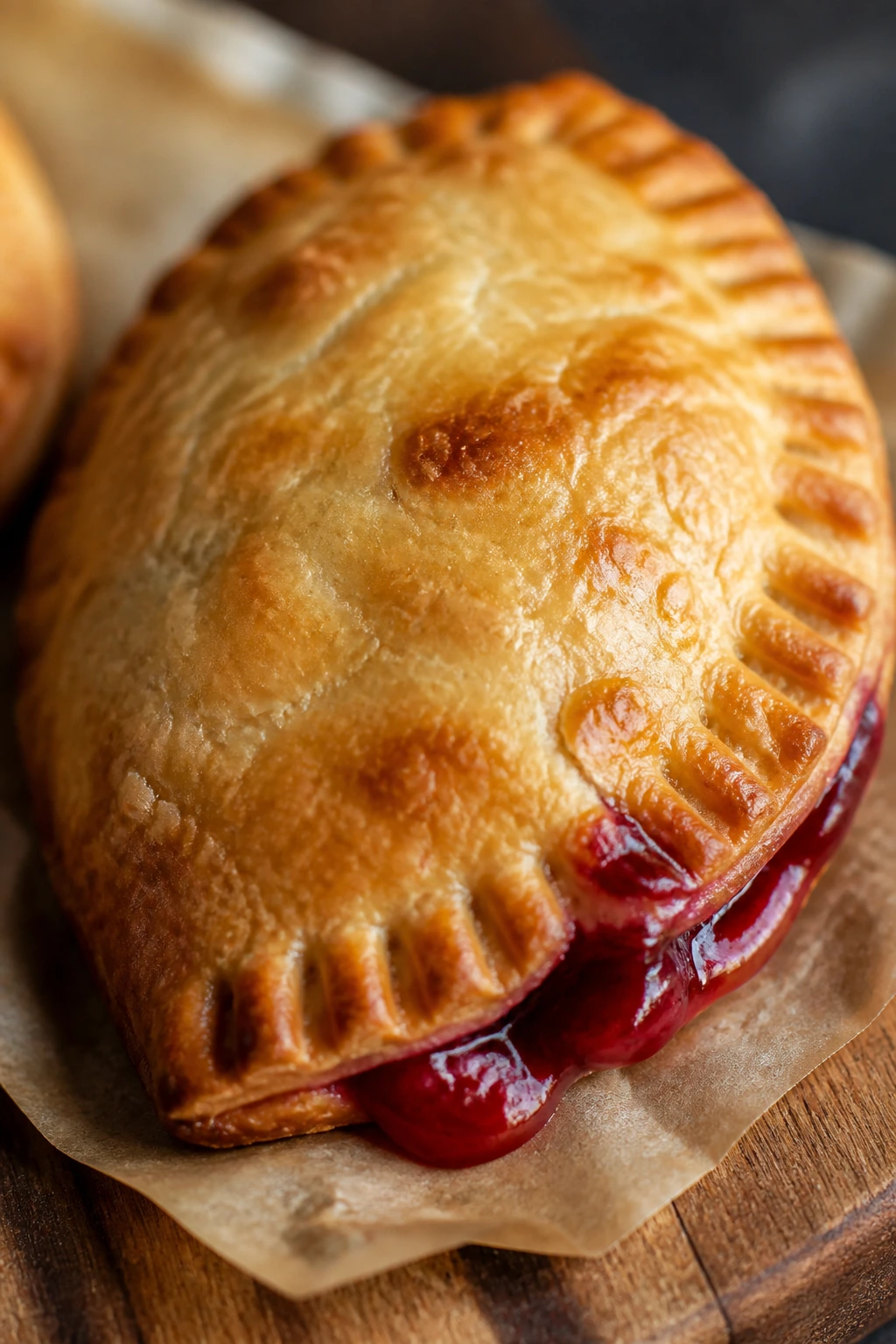 Close-up of Cherry Hand Pies with flaky crust on a wooden board.