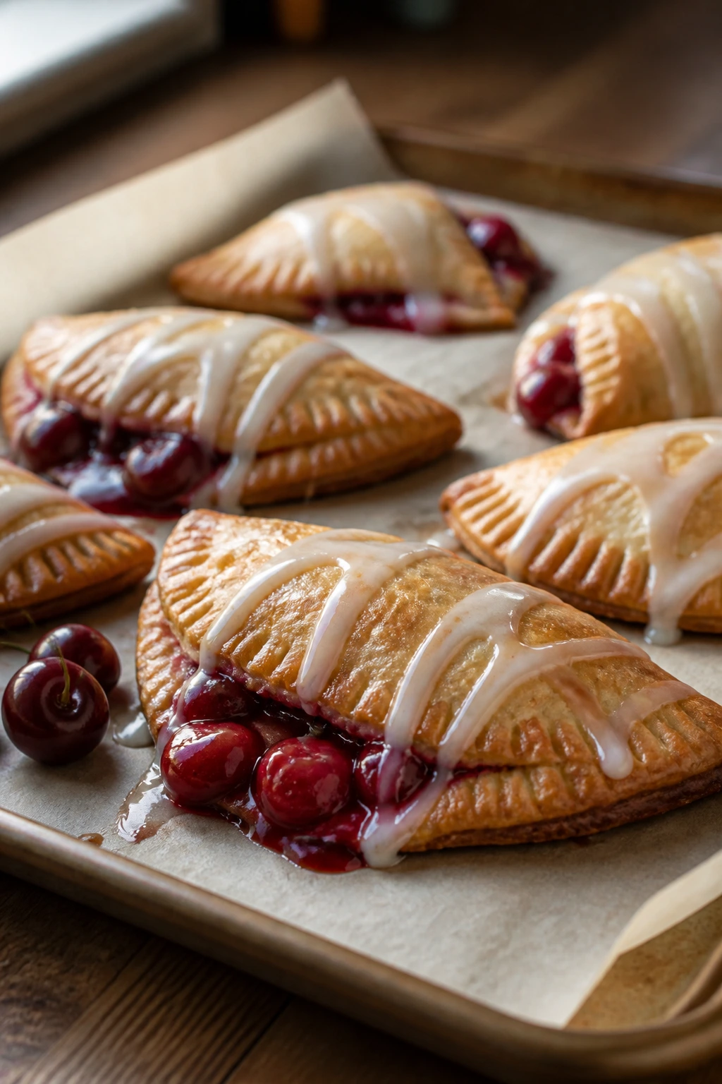Close-up of cherry hand pies with glossy glaze on parchment in a warm kitchen.