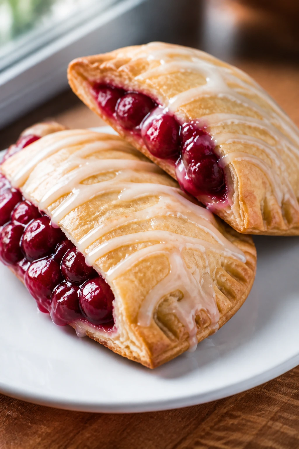 Close-up of cherry hand pies with vanilla glaze on a white plate