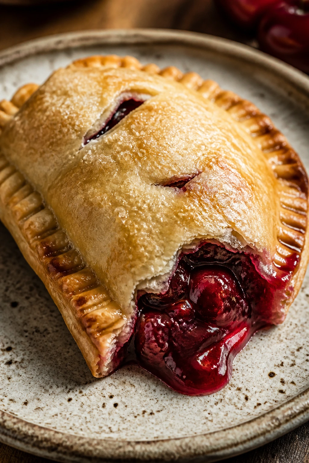 Close-up of a cherry hand pie on a rustic plate