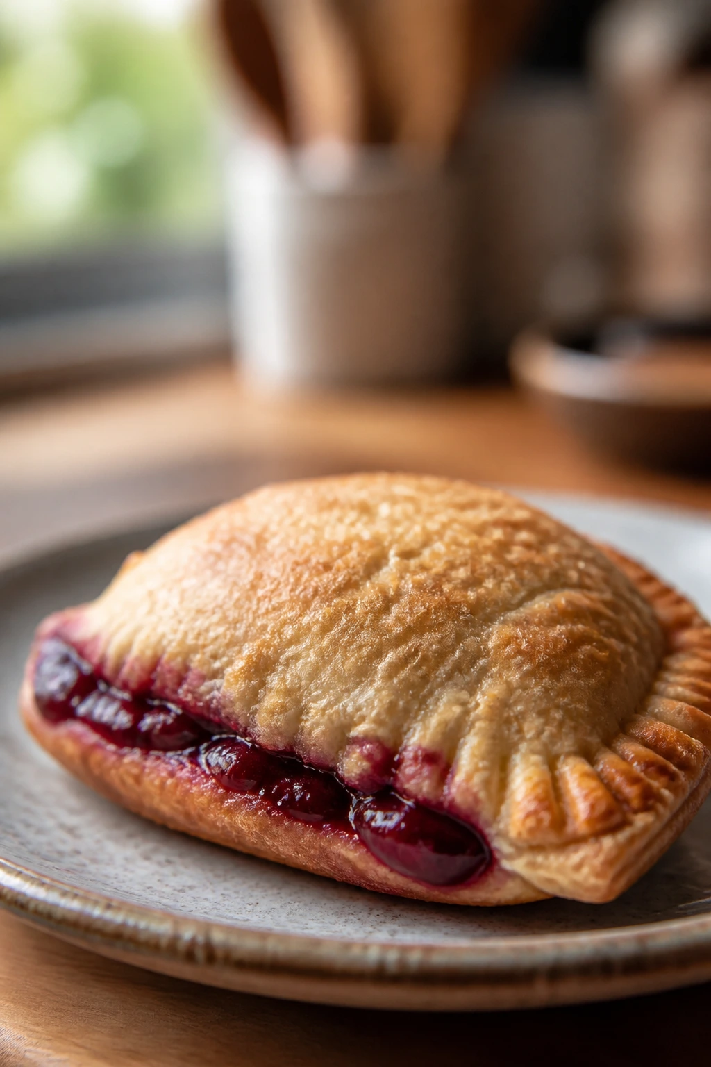 Golden cherry hand pie on rustic plate with visible cherry filling
