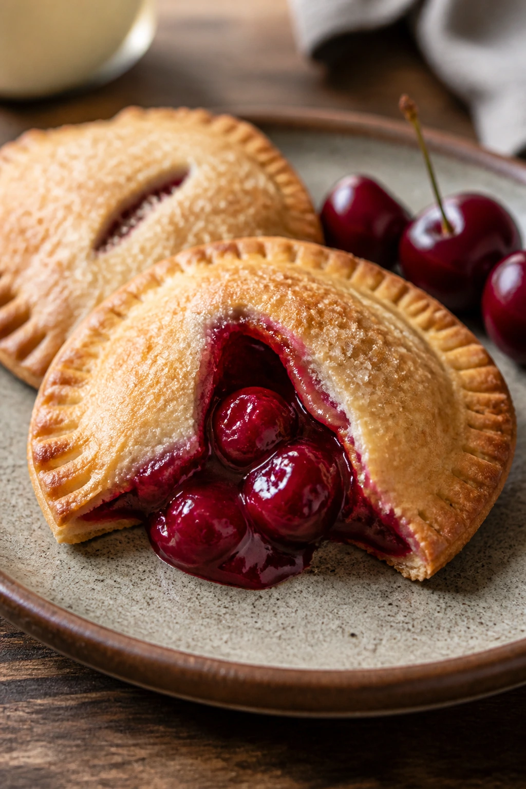 Cherry hand pie with vent cut on rustic plate
