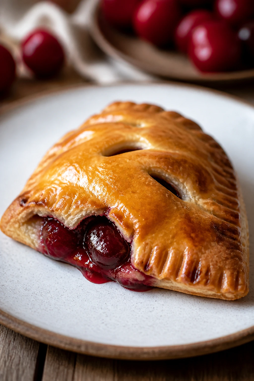 Single cherry hand pie on plate with glossy crust