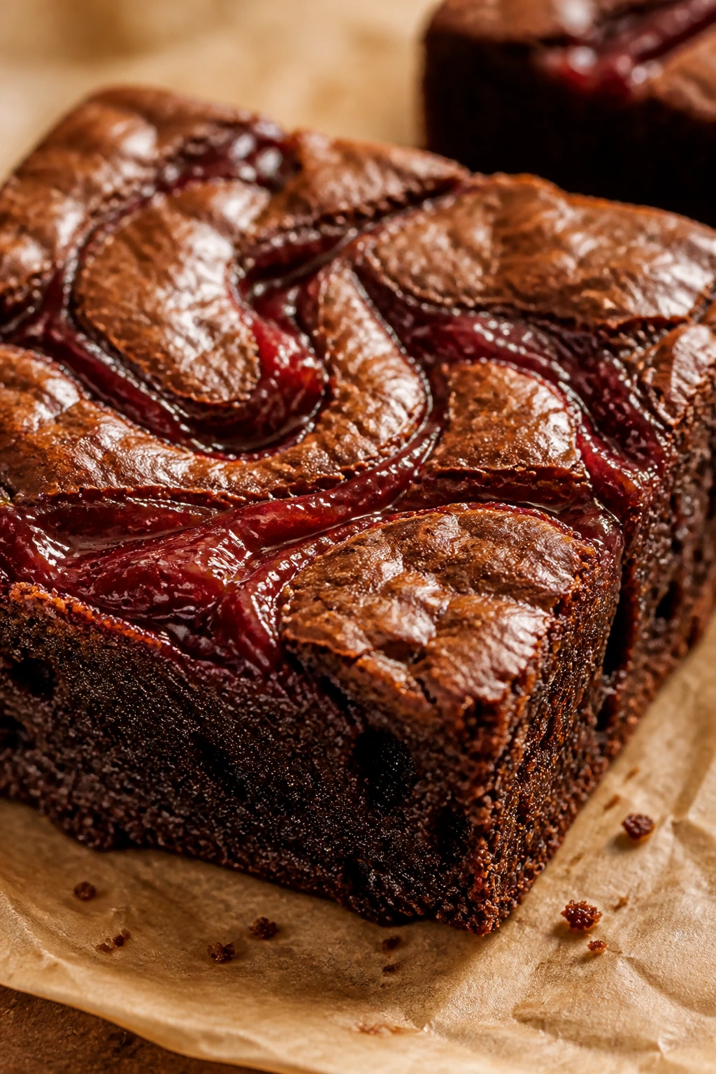 Brownie square with cherry jam marbling on top