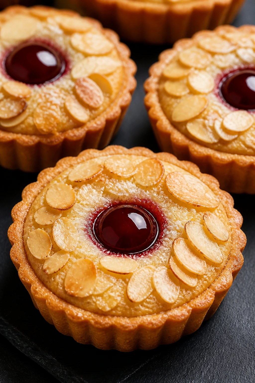 Close-up of cherry almond Bakewell tartlets on a slate board