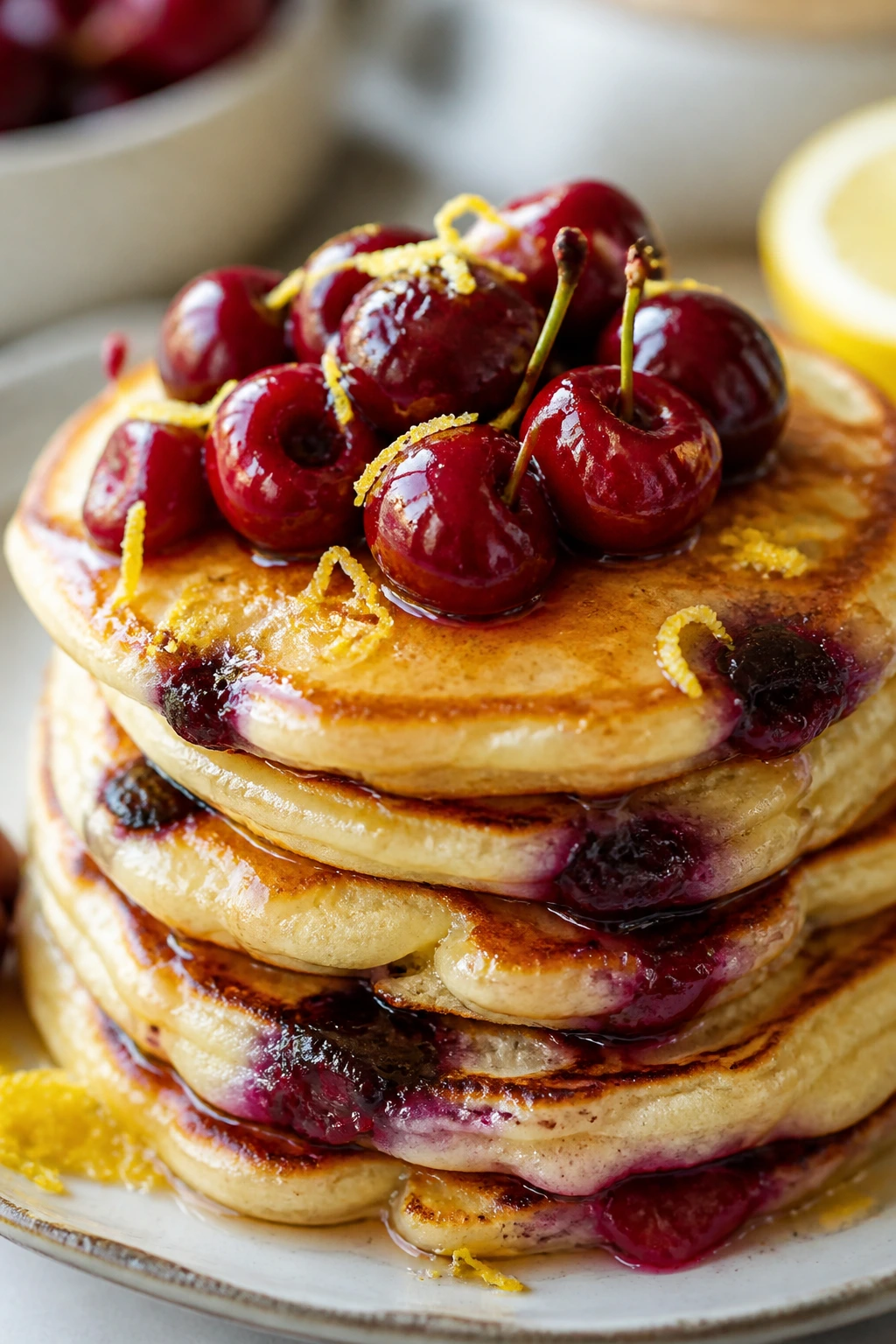 Close-up of cherry lemon pancakes with lemon zest