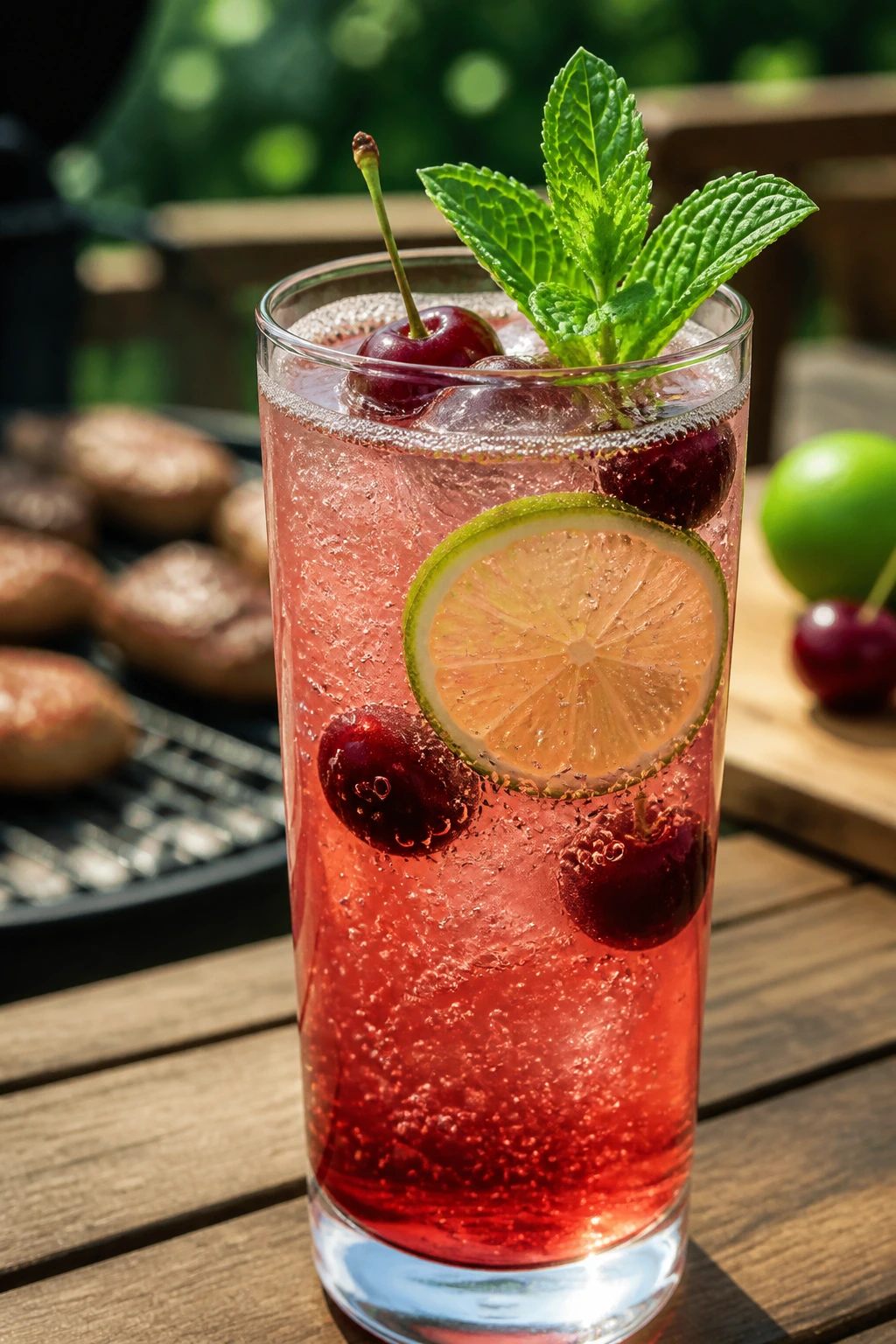 Tall glass of Cherry Lime Rickey with lime wheel and mint garnish outdoors